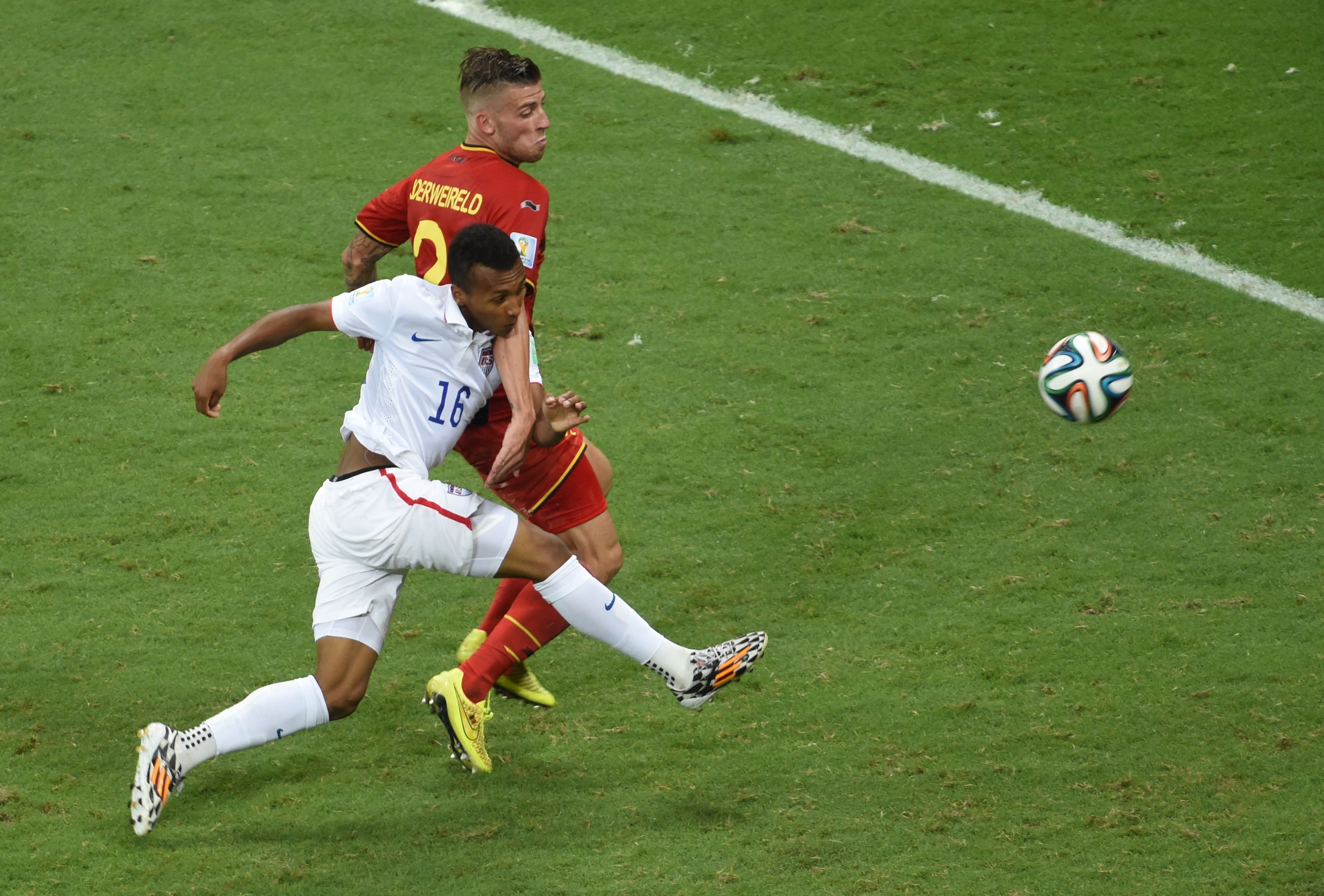 US midfielder Julian Green shoots to score the 2-1 during a Round of 16 football match between Belgium and USA at Fonte Nova Arena in Salvador, Brazil during the 2014 FIFA World Cup on July 1, 2014.