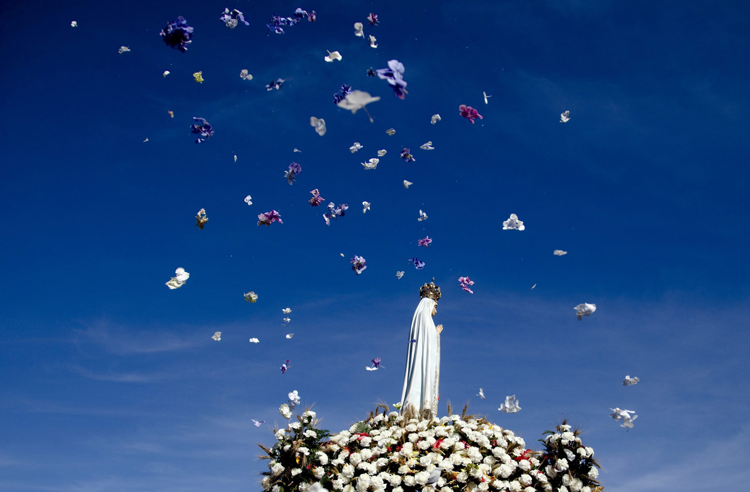 Flowers are thrown in the air as the Image of Our Lady of Fatima is carried over at the Fatima Sanctuary during the pilgrimage at Fatima Sanctuary, in Fatima, Portugal on August 13, 2014.