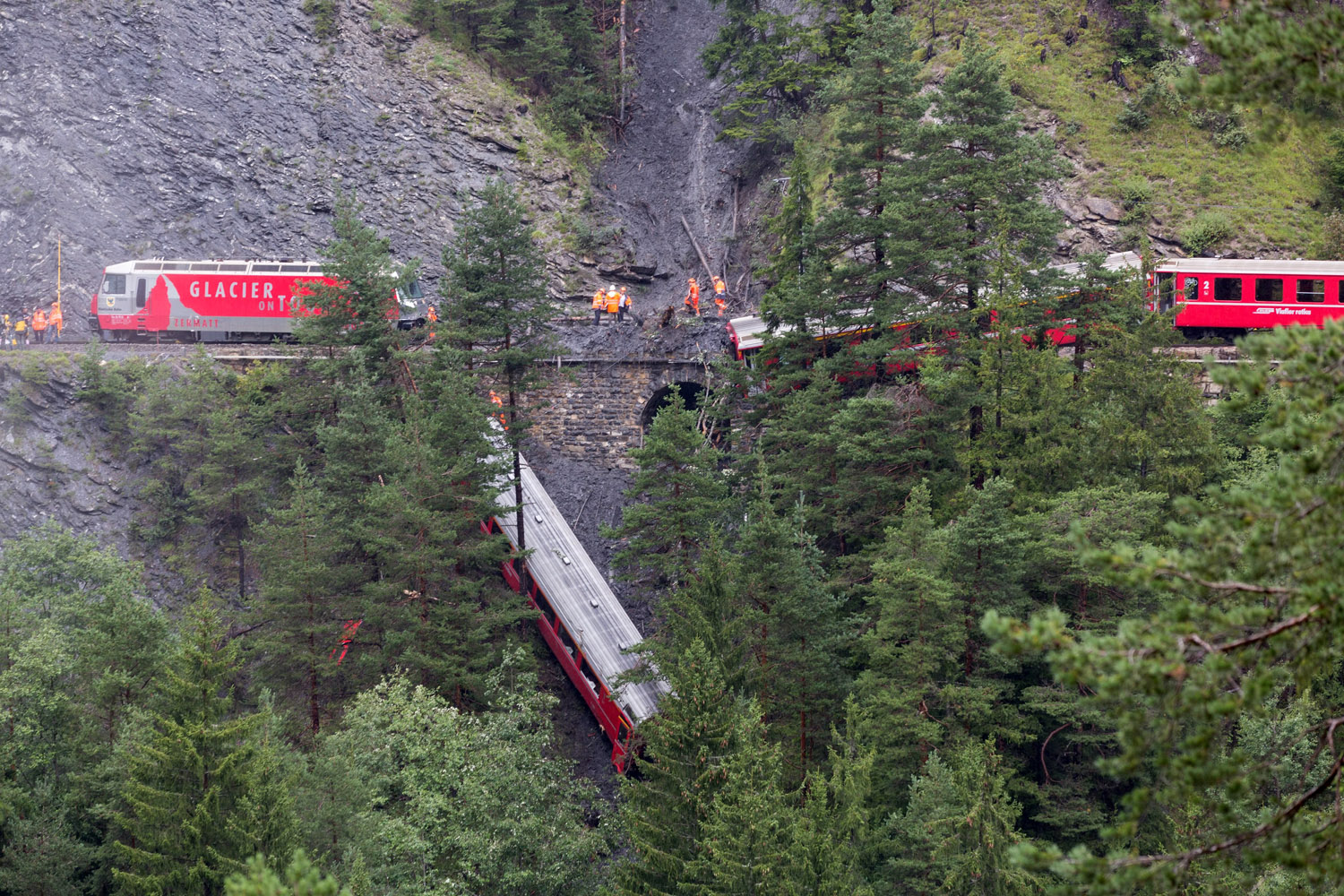 Aug. 13, 2014.The derailed passenger train composition of the Rhaetische Bahn, near Tiefencastel, Switzerland.