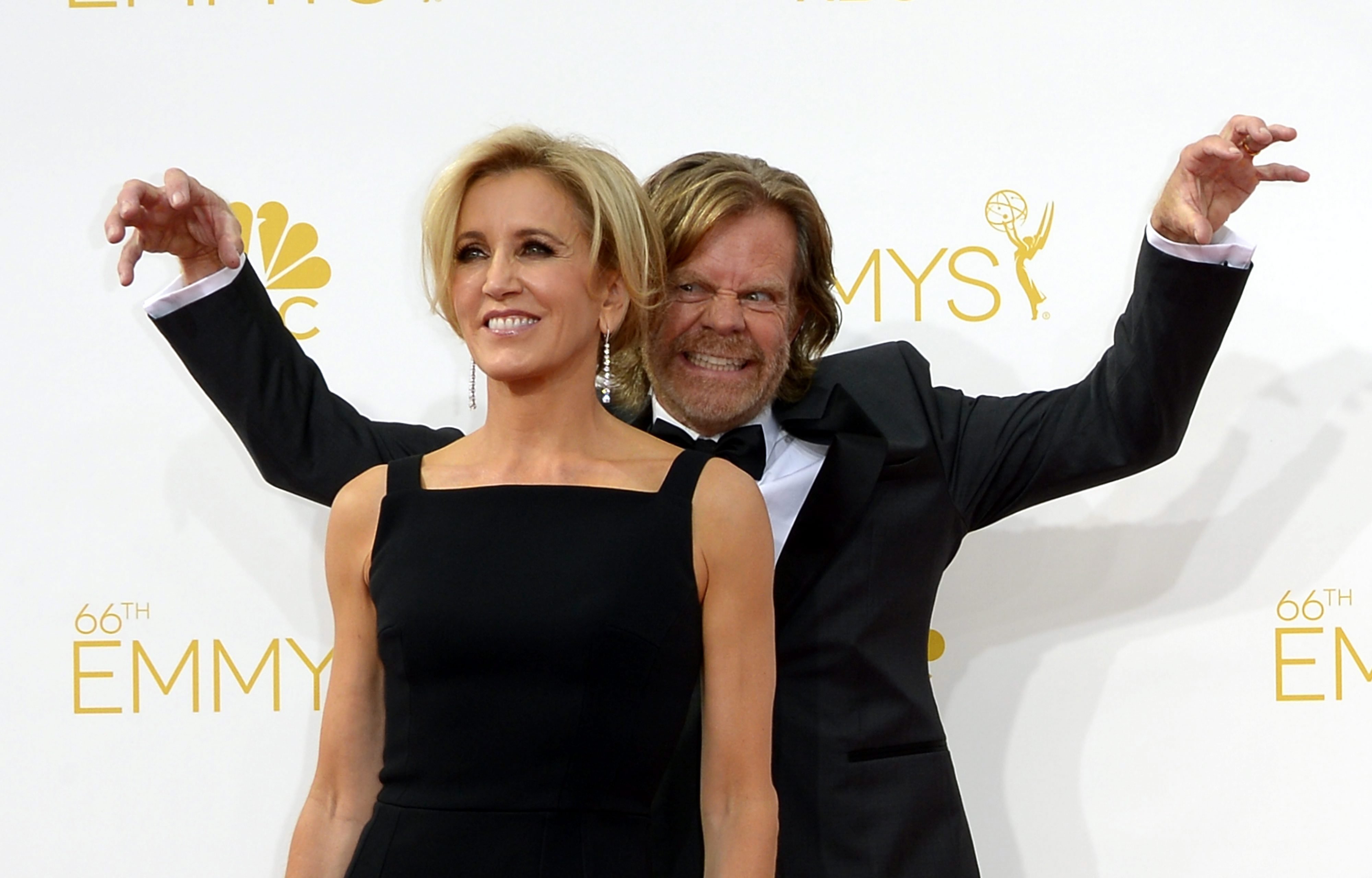 William H. Macy and Felicity Huffman  arrive for the 66th annual Primetime Emmy Awards held at the Nokia Theatre in Los Angeles, California, USA.