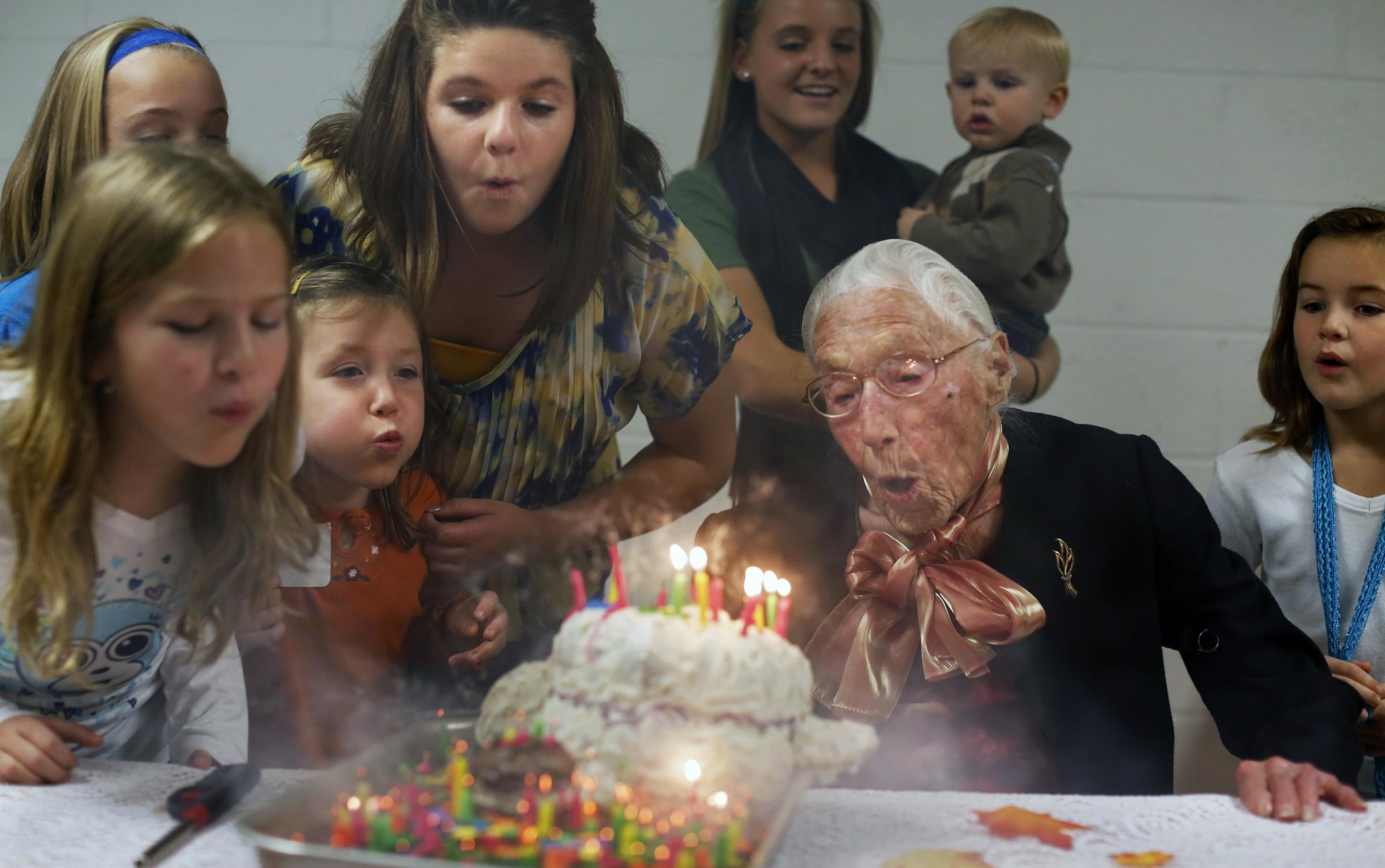 Anna Stoehr blew out the 112 candles on her birthday cake with the help of her great grandchildren on Oct. 14, 2012 in Millville, Minn., where about 180 invited guests celebrated Stoehr's birthday. Stoehr is believed to be the oldest independently living person in the world.