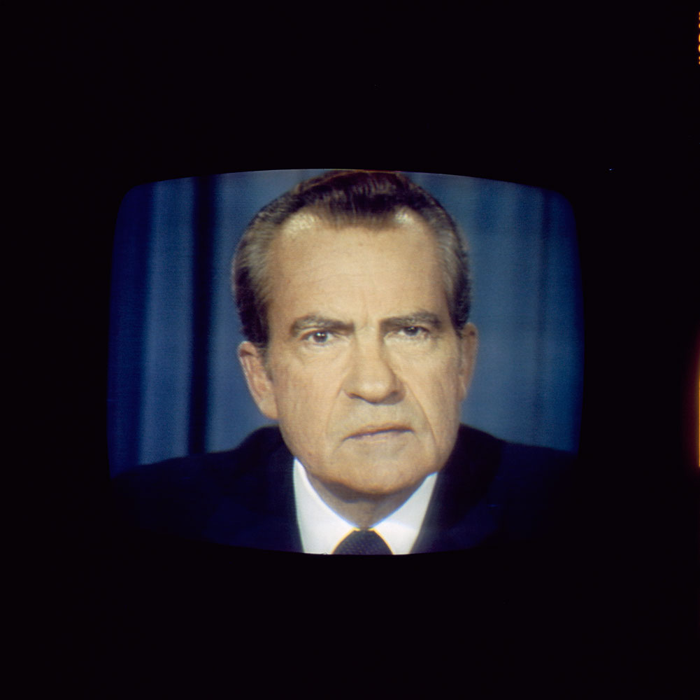 President Richard Nixon gives his resignation speech from the Oval Office at the White House in Washington D.C. on Aug. 8, 1974 (NBC/Getty Images)