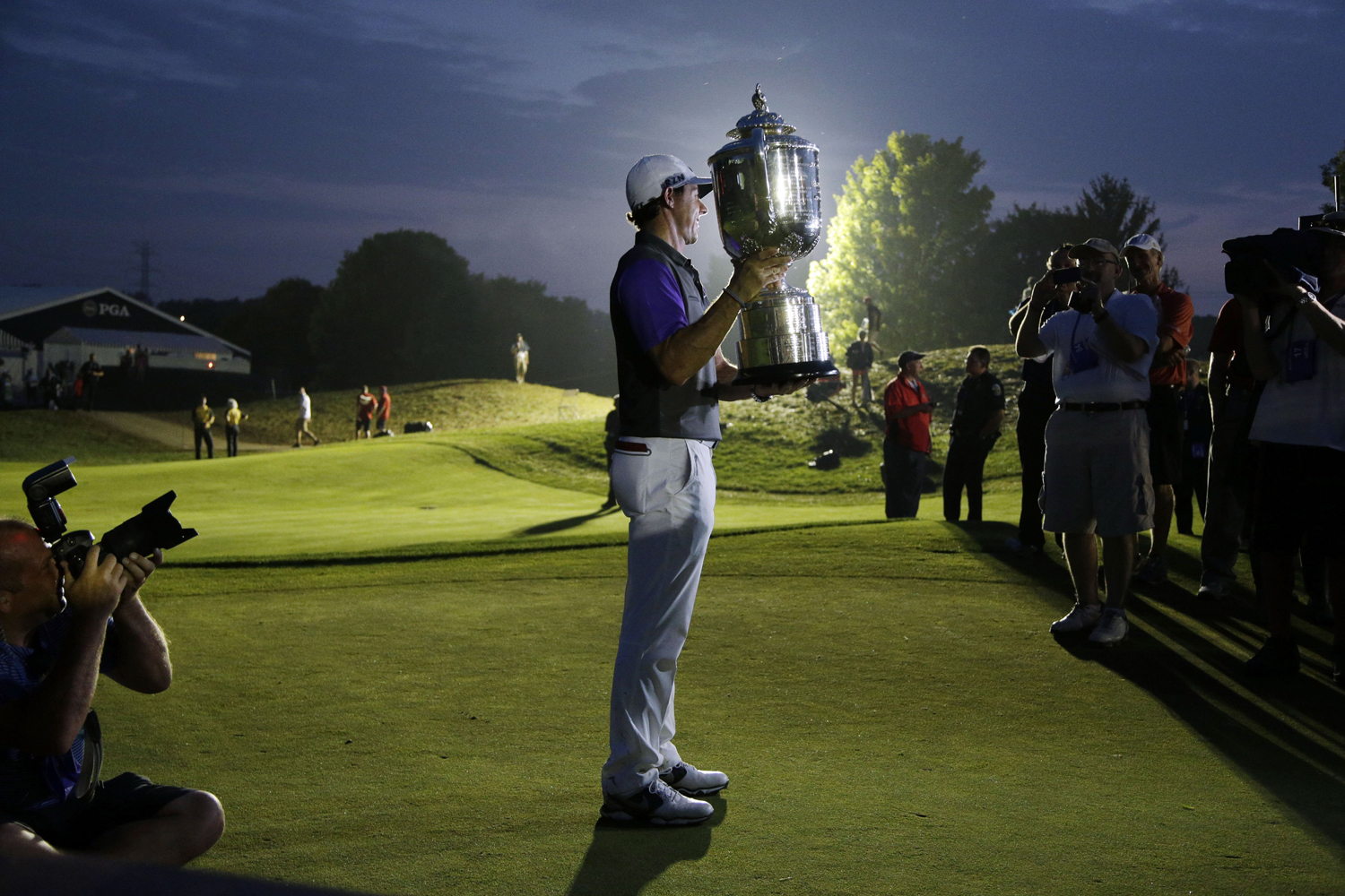 Aug. 10, 2014. Rory McIlroy, of Northern Ireland, holds up the Wanamaker Trophy after winning the PGA Championship golf tournament at Valhalla Golf Club on Sunday, Aug. 10, 2014, in Louisville, Ky.