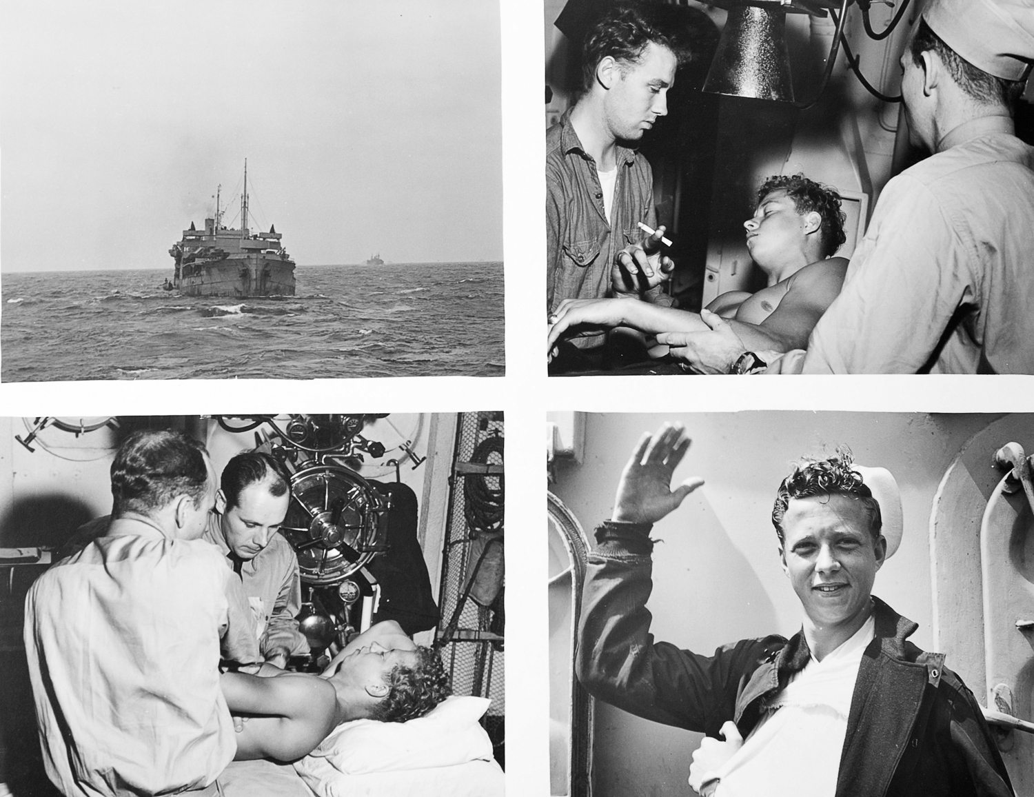 Dr. Van Derschour (lower left) treats a sailor from a cargo ship during convoy operations.