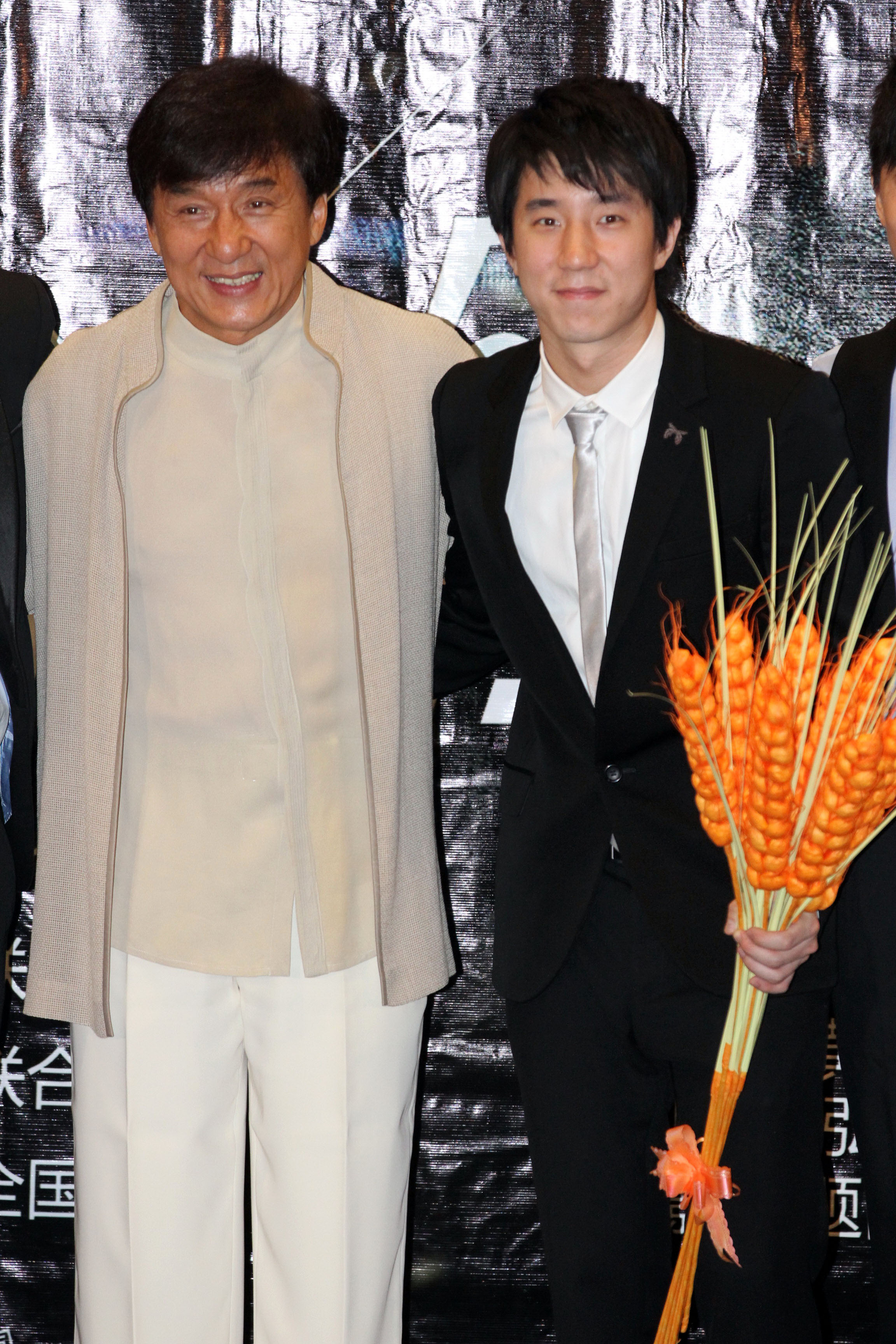 Actor Jackie Chan and his actor-singer son Jaycee Chan attend "Double Trouble" premiere at Jackie Chan Yaolai International Cinema on June 5, 2012 in Beijing. (ChinaFotoPress/Getty Images)