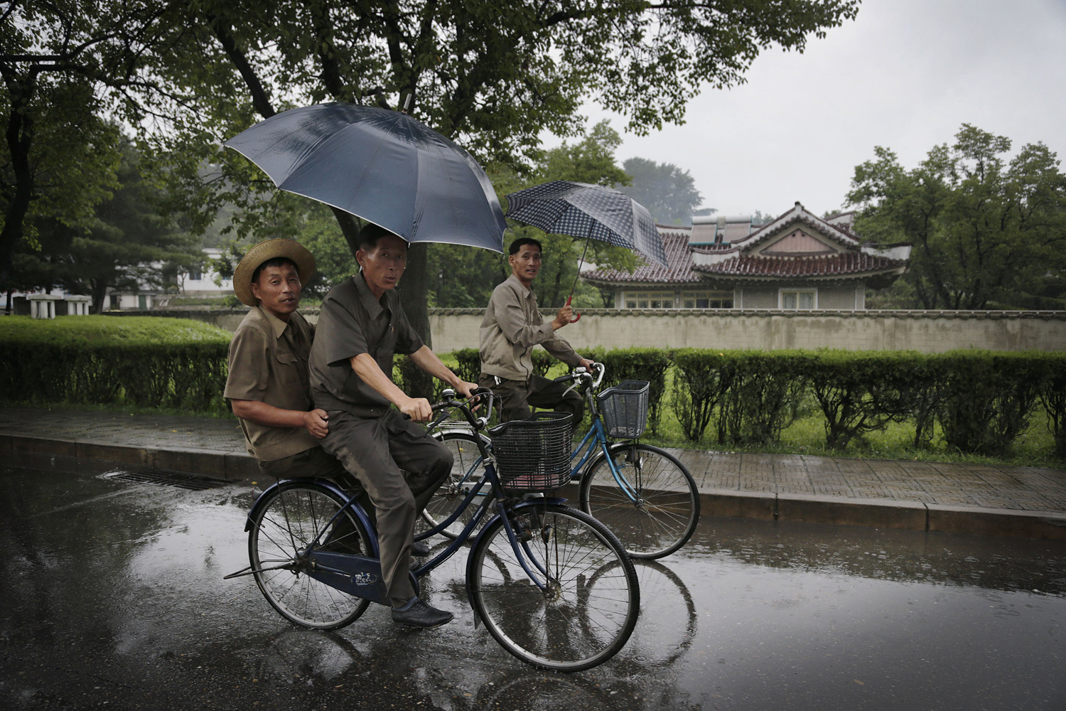 Men cycle past homes built for farmers at the Mangyongdae Cooperative Farm in Pyongyang, Jul. 30, 2014. As the planting season ends and rainy season begins, North Koreans are girding for the possibility of floods after weeks of drought.