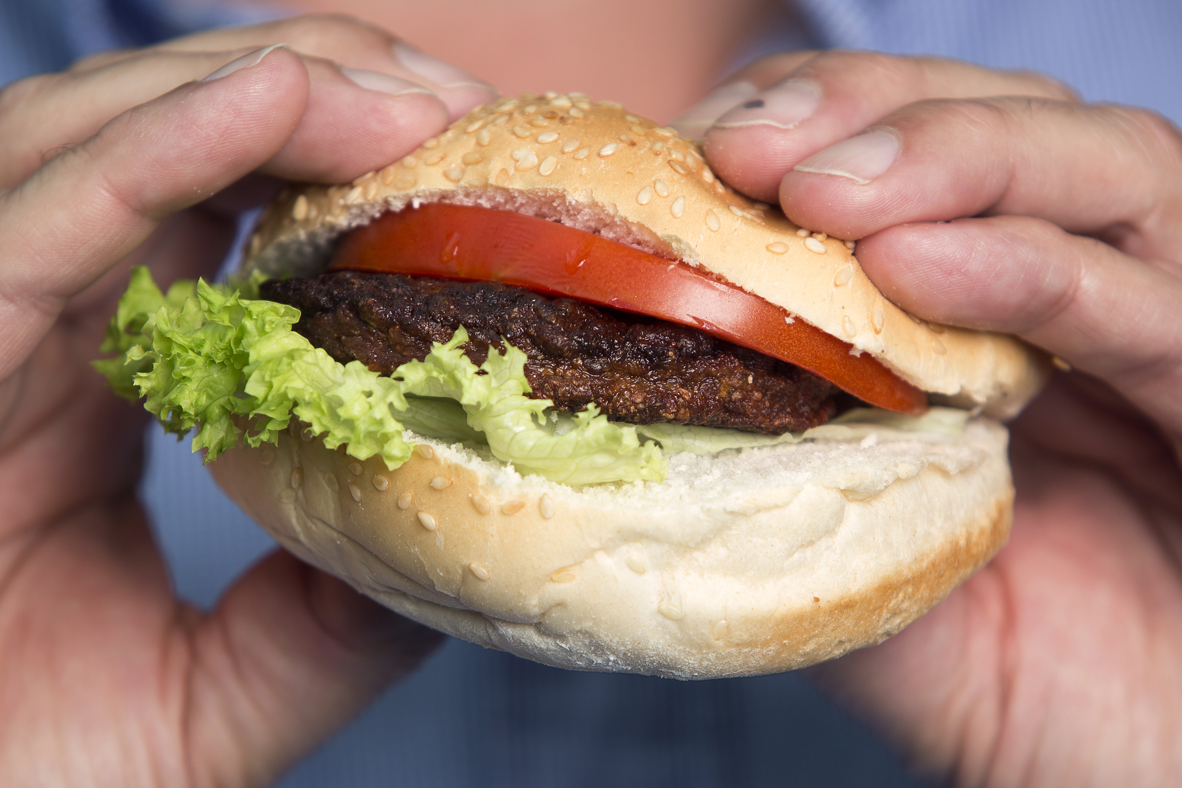 A beef burger created by stem cells harvested from a living cow is held for a photograph by Mark Post, a Dutch scientist, following a Bloomberg Television interview in London, U.K., on Tuesday, Aug. 6, 2013. (Bloomberg&mdash;Bloomberg via Getty Images)