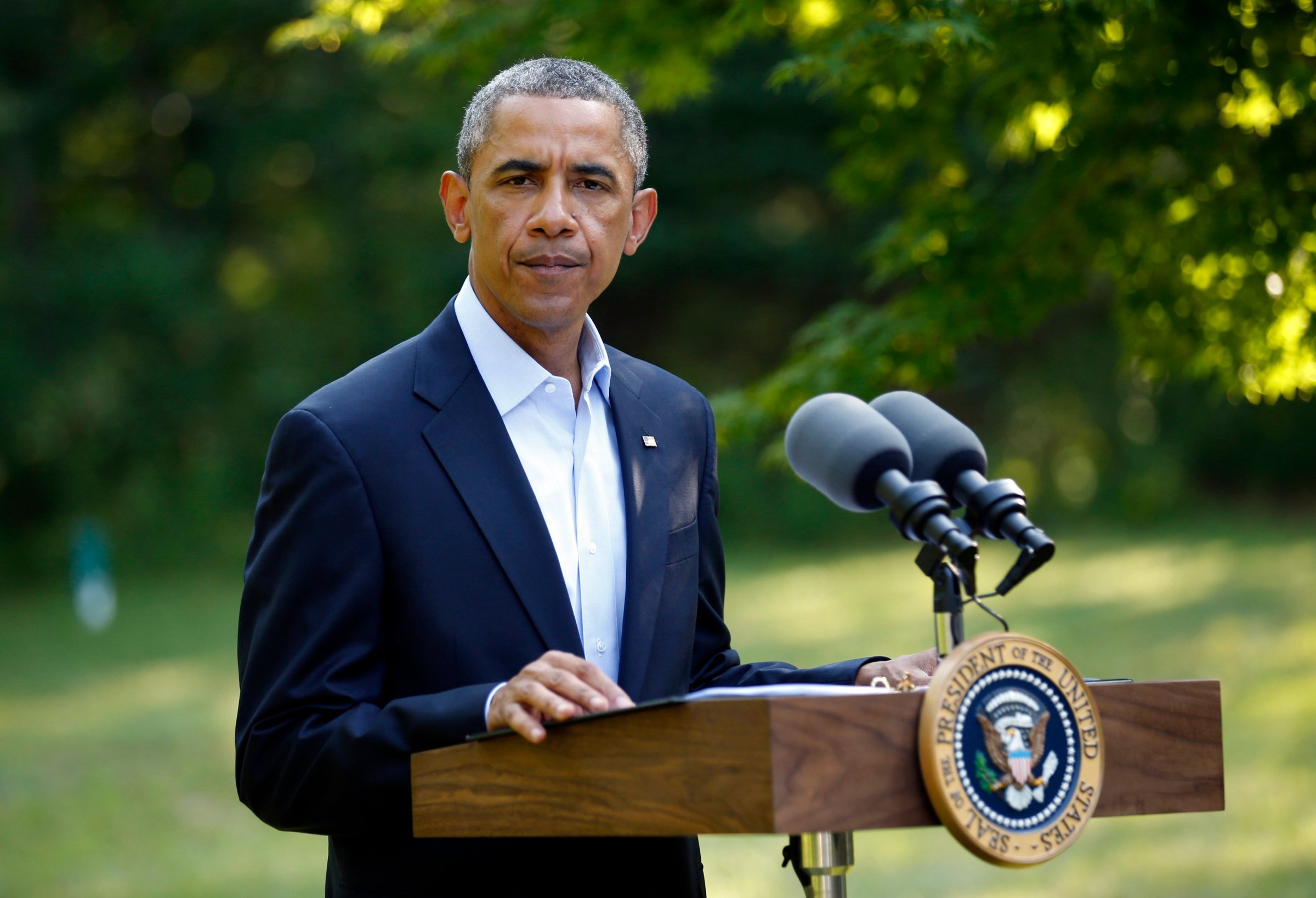 U.S. President Obama delivers a statement on the situation in Iraq from his vacation home at Martha's Vineyard, Massachusetts