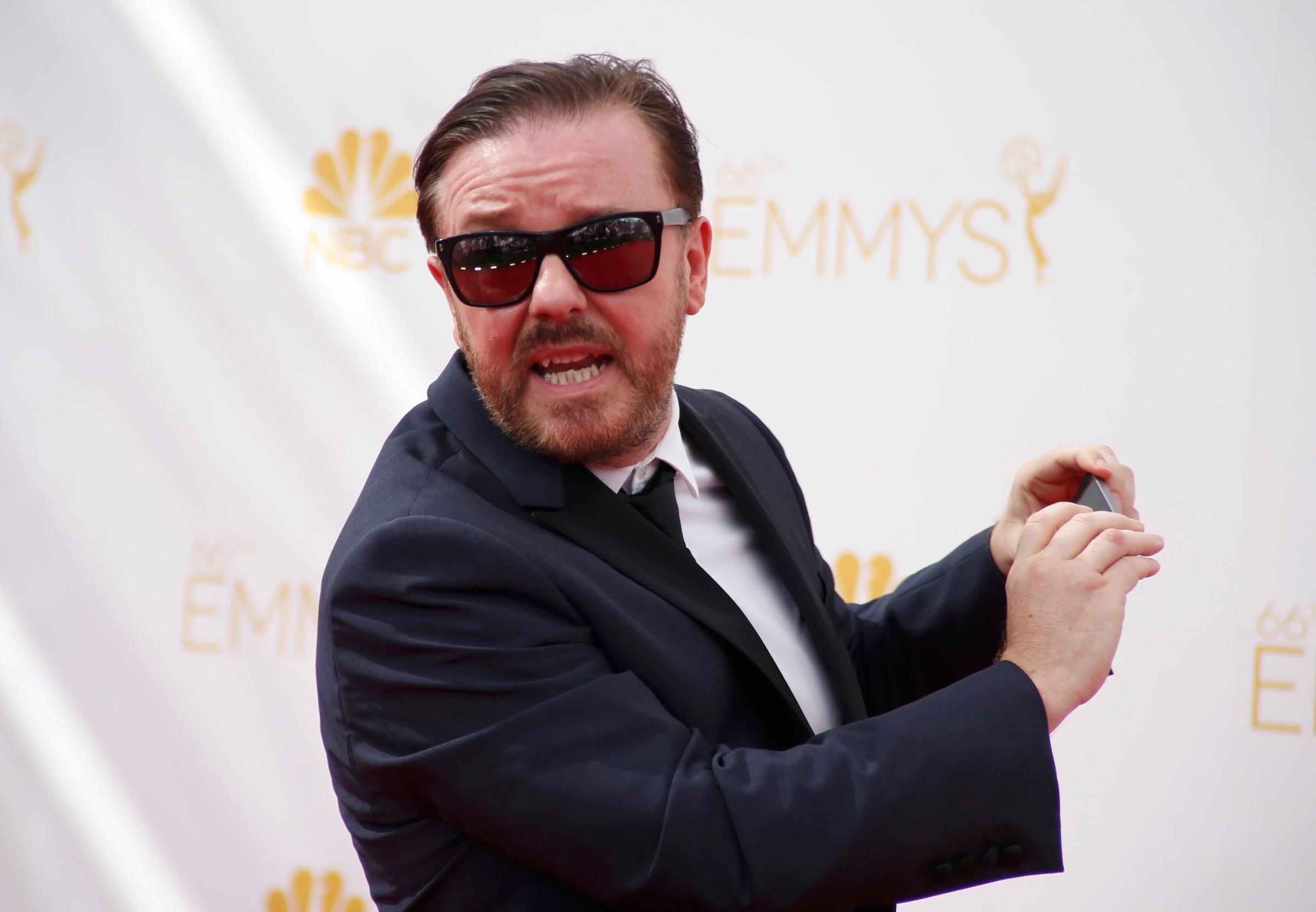 Actor Ricky Gervais arrives at the 66th Primetime Emmy Awards in Los Angeles