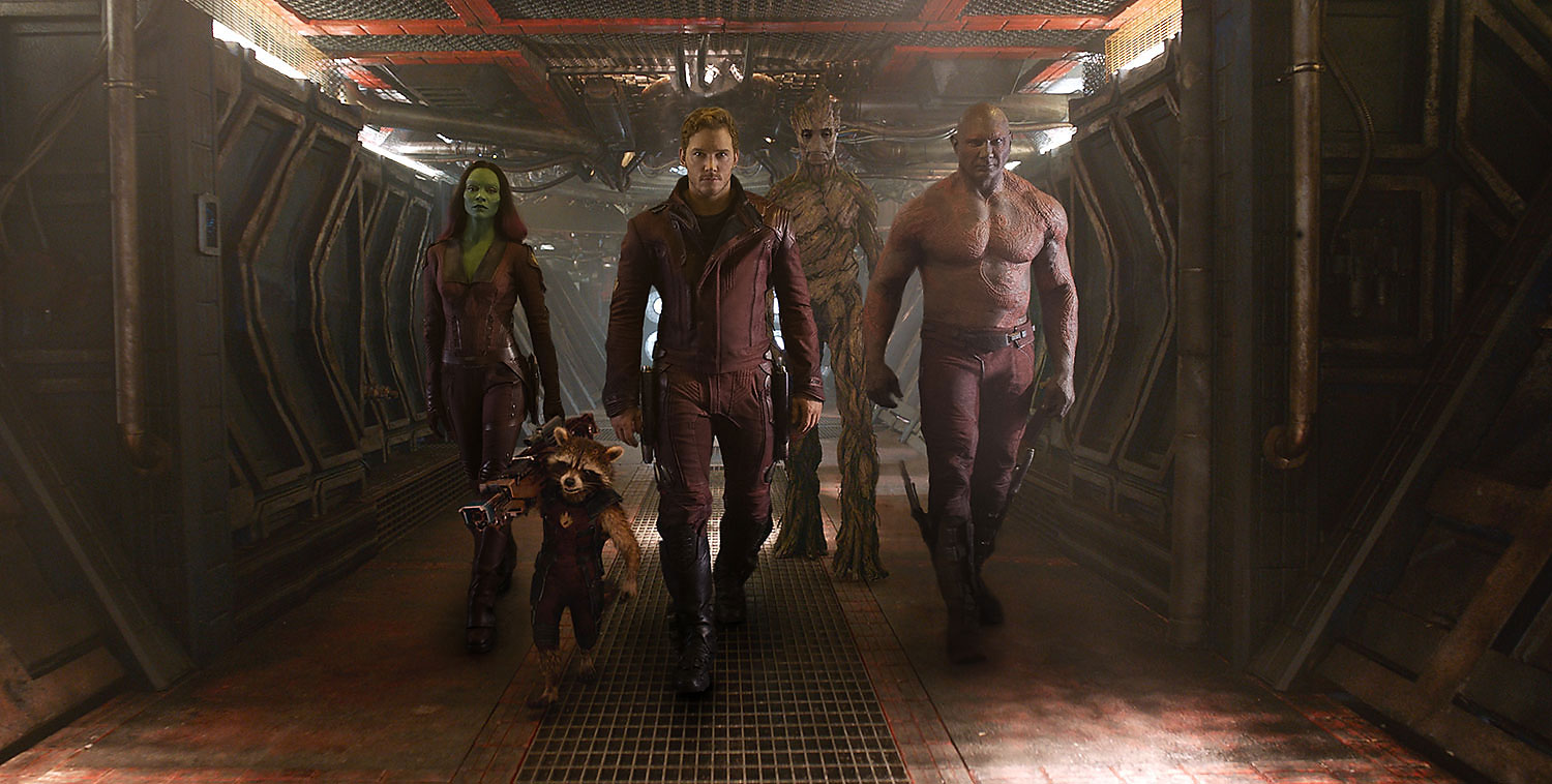 From left: Zoe Saldana as Gamora, Rocket (voiced by Bradley Cooper), Chris Pratt as Peter Quill/Star-Lord, Groot (voiced by Vin Diesel) and Dave Bautista as Drax the Destroyer in Marvel's "Guardians of the Galaxy."