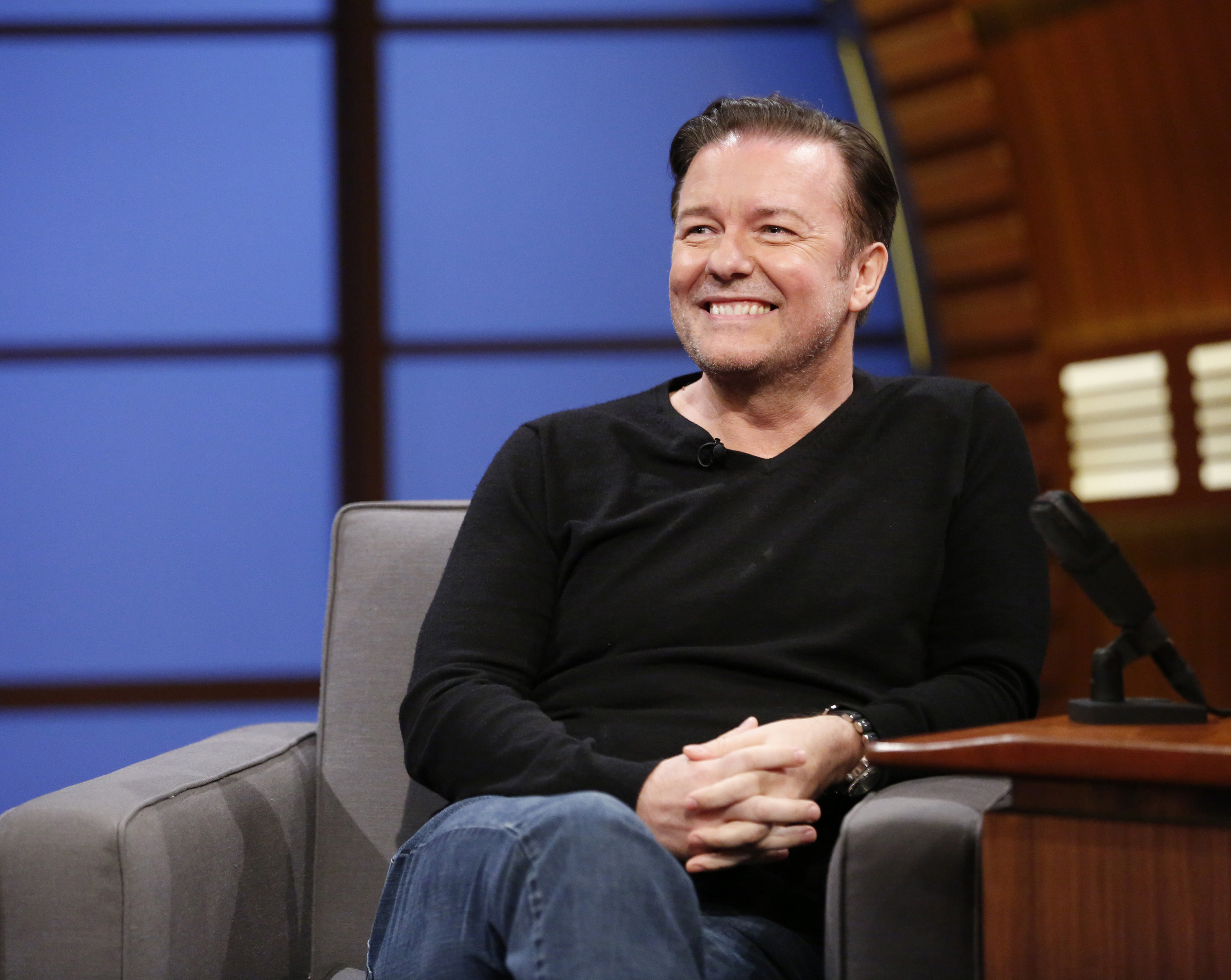 Comedian Ricky Gervais during an interview on July 24, 2014 (NBC--NBCU Photo Bank via Getty Images)