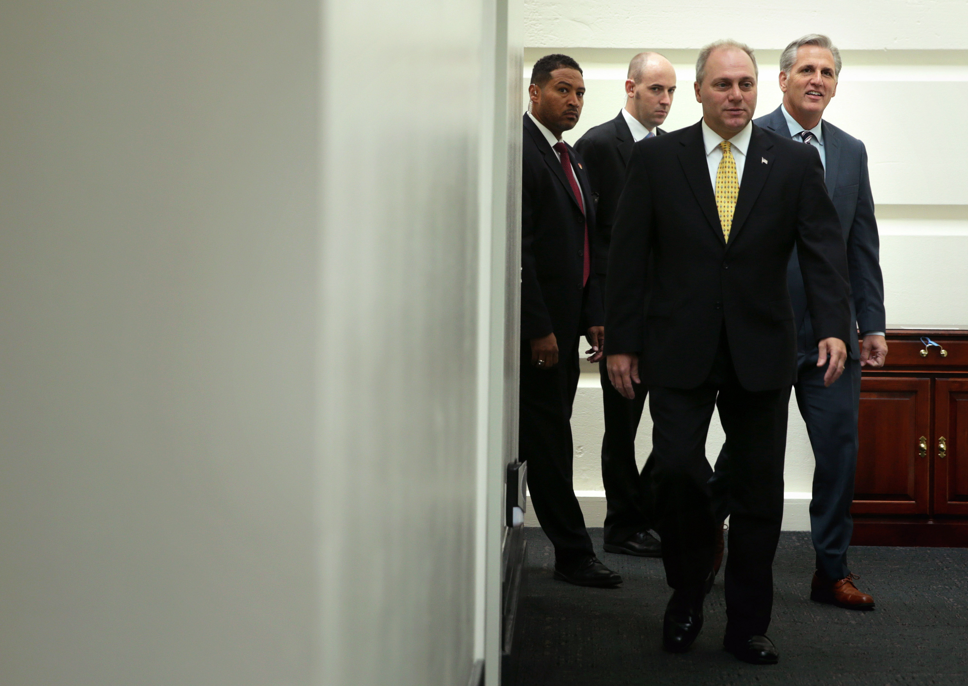 U.S. House Majority Leader Rep. Kevin McCarthy (R-CA) (R) and House Majority Whip Rep. Steve Scalise (R-LA) (2nd R) arrive at a House Republican Conference meeting August 1, 2014 on Capitol Hill in Washington, D.C. (Alex Wong—Getty Images)