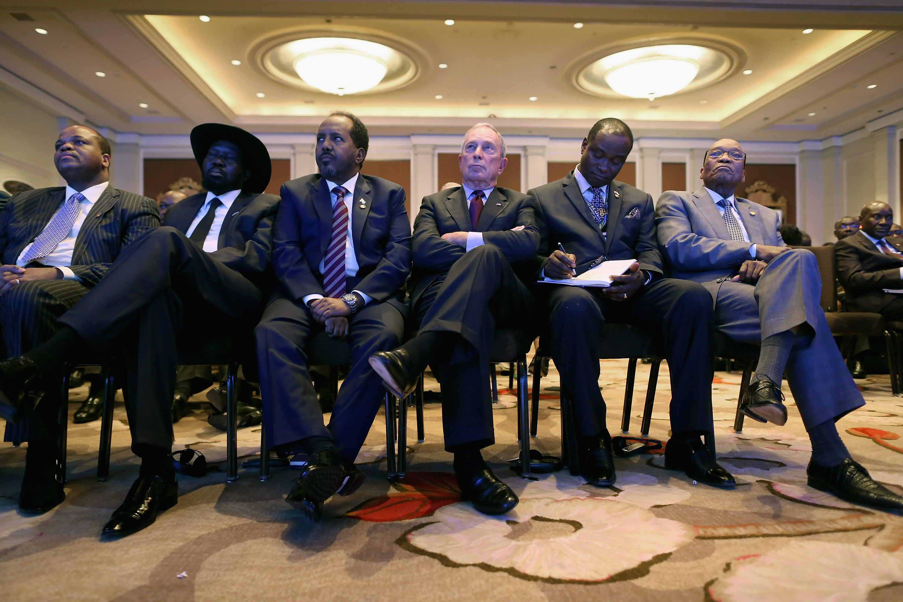 Swaziland King Mswati III, South Sudan President Salva Kiir Mayardit, Djbouti President Ismail Omar Guelleh, Former New York City Mayor Michael Bloomberg, South Africa President Jacob Zuma, left to right, and other African leaders listen to U.S. President Barack Obama deliver closing remarks during the U.S.-Africa Business Forum at the Mandarin Oriental Hotel August 5, 2014 in Washington, DC. (Chip Somodevilla—Getty Images)