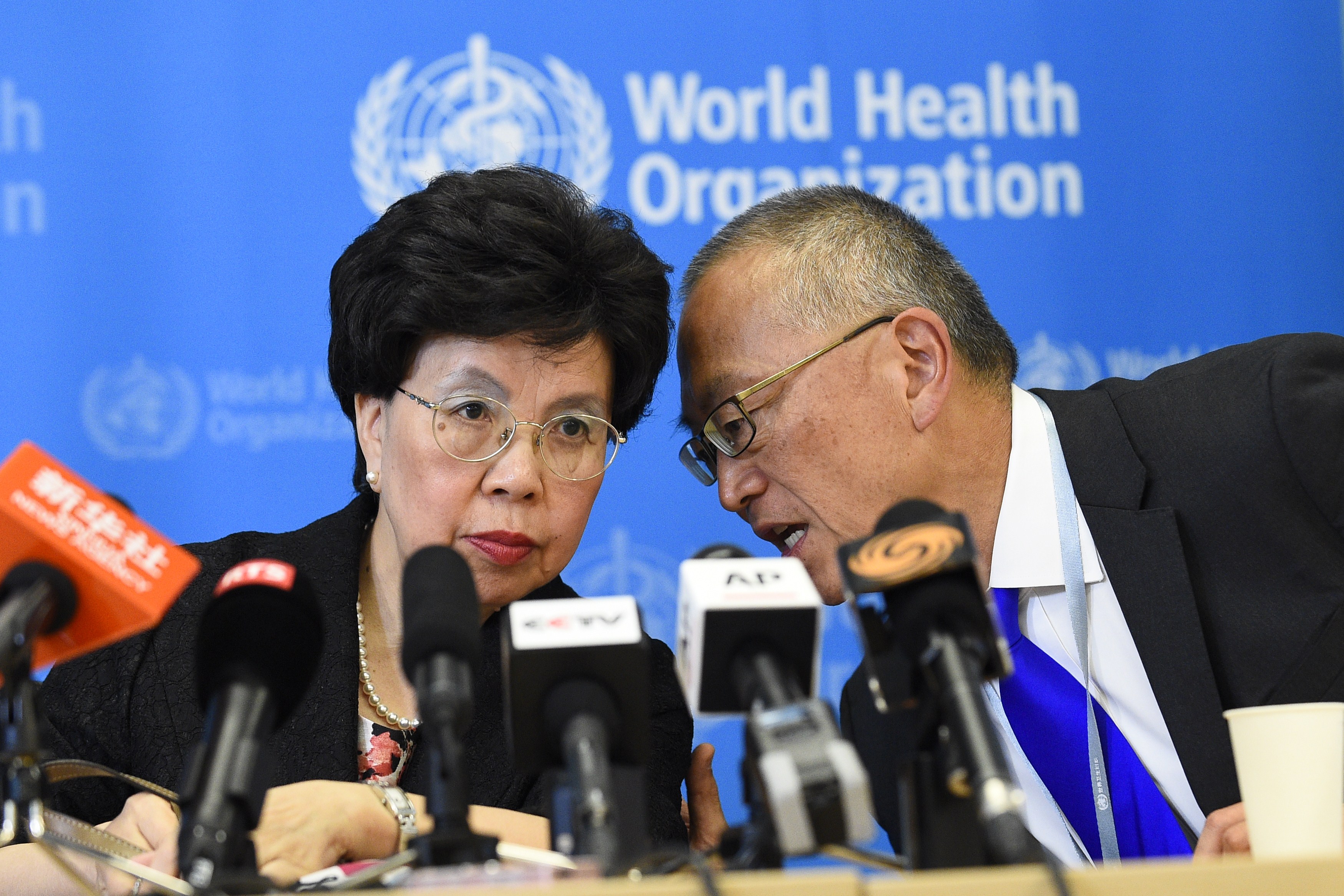 World Health Organization Director-General Dr. Margaret Chan with assistant director-general for health security Keiji Fukuda  on Aug. 8, 2014 in Geneva. (Alain Grosclaude—AFP/Getty Images)