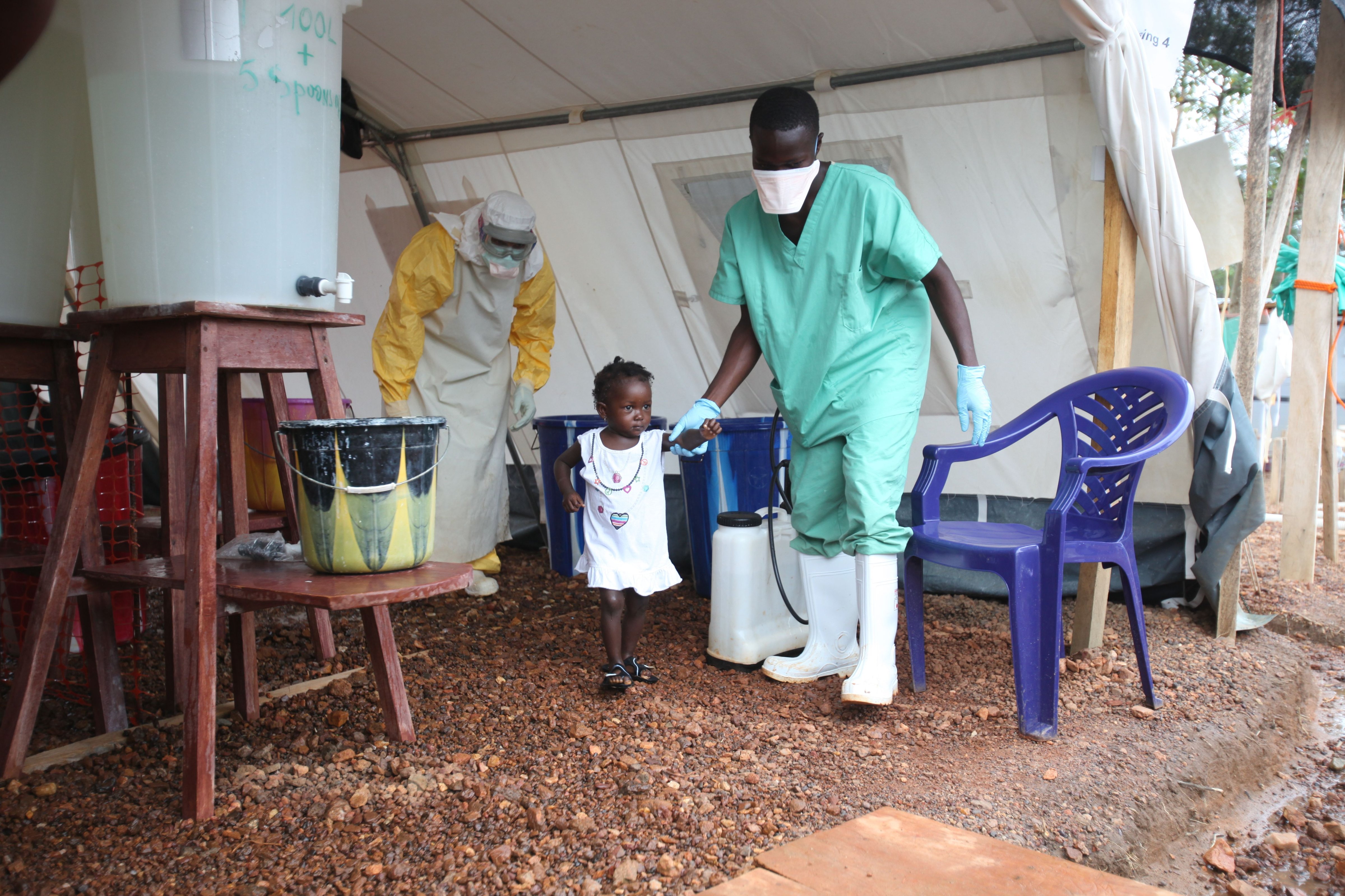 Isata, a 22-month-old, is the youngest patient to be discharged from the Ebola treatment centre in Kailahun district, Sierra Leone on Aug. 6, 2014.