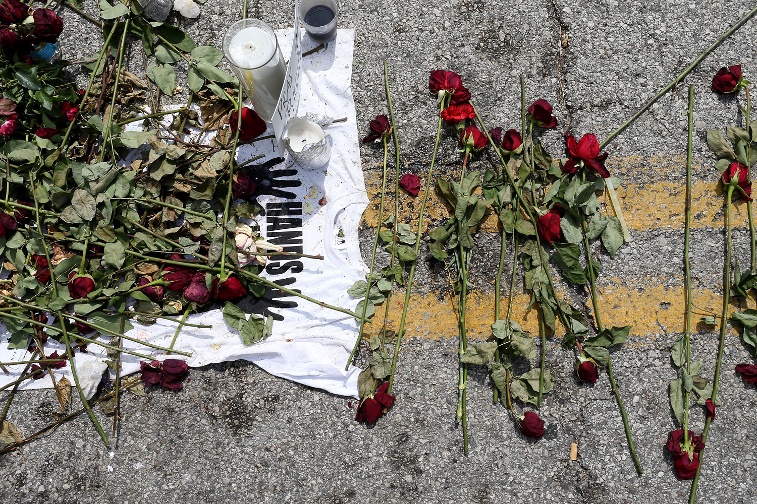 Roses are seen in a memorial setup for Michael Brown on the spot where his body lay after he was shot by police, Aug. 22, 2014 in Ferguson, Missouri. (Joe Raedle—Getty Images)