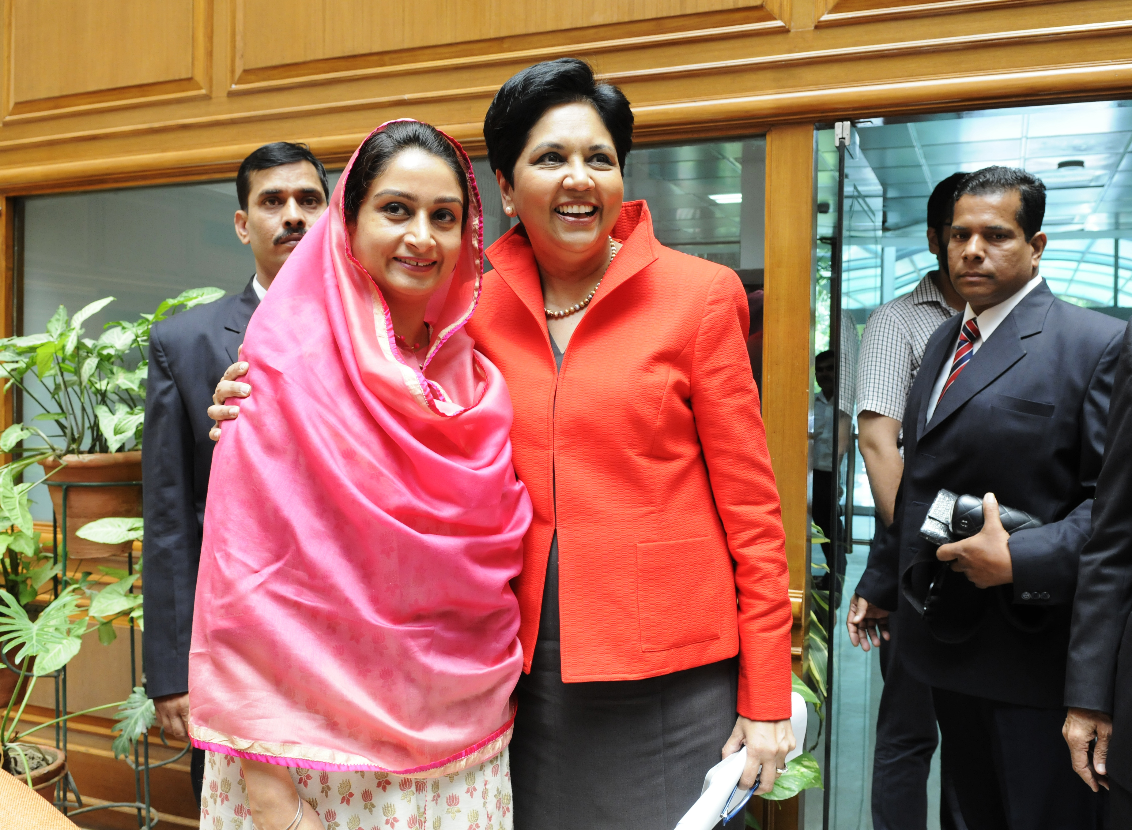 PepsiCo CEO Indra Nooyi, right, meets Food Processing Minister Harsimrat Kaur Badal in New Delhi on Aug. 26, 2014 (Saumya Khandelwal—Hindustan Times/Getty Images)