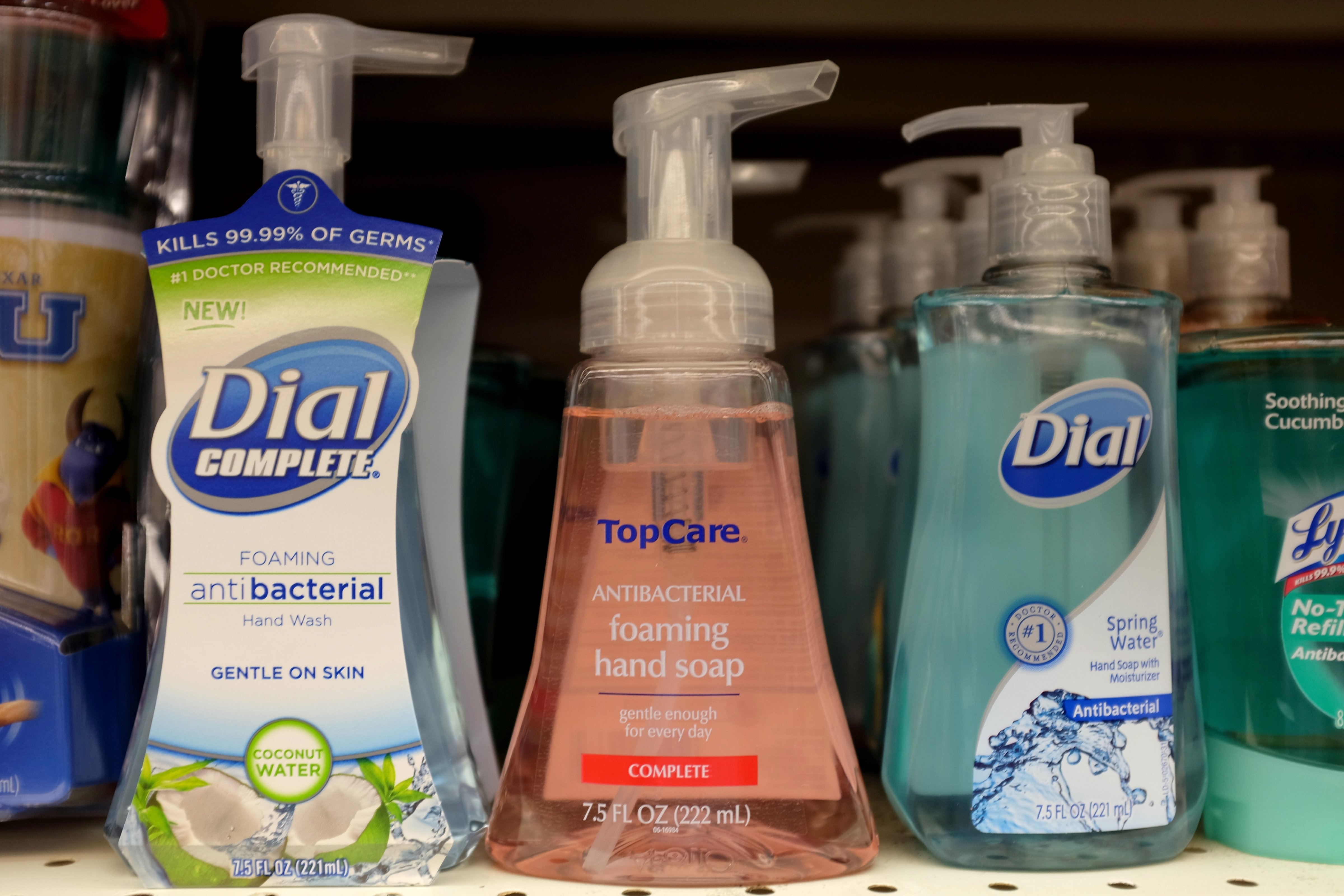 Bottles of antibacterial soap are seen on a grocery store shelf in Miami on December 17, 2013 (Joe Raedle—Getty Images)