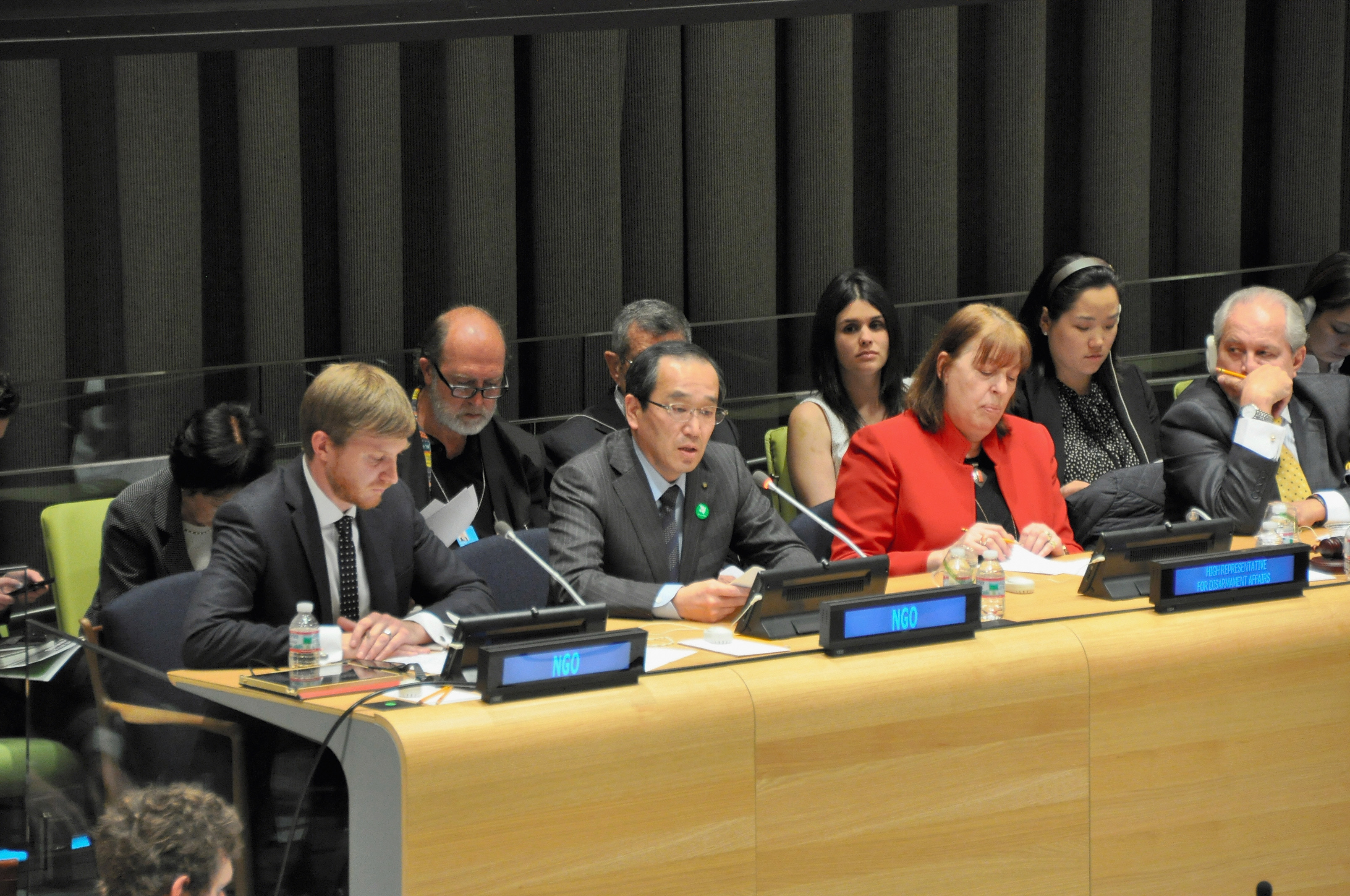 Hiroshima Mayor Kazumi Matsui (C) speaks during the third session of the Preparatory Committee for the 2015 Review Conference of the Parties to the Treaty on the Non-Proliferation of Nuclear Weapons at the U.N. headquarters on April 29, 2014 in New York City. (The Asahi Shimbun&mdash;2014 The Asahi Shimbun)