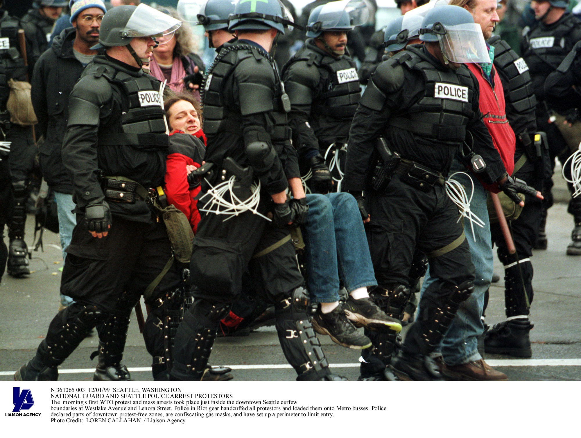 National Guard and Seattle police arrest WTO protestors , November 1999 