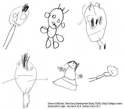 Here are examples of children's drawings. Scores are from left to right: Top: 6,10,6; Bottom: 6,10,7. (Twins Early Development Study, King's College London)