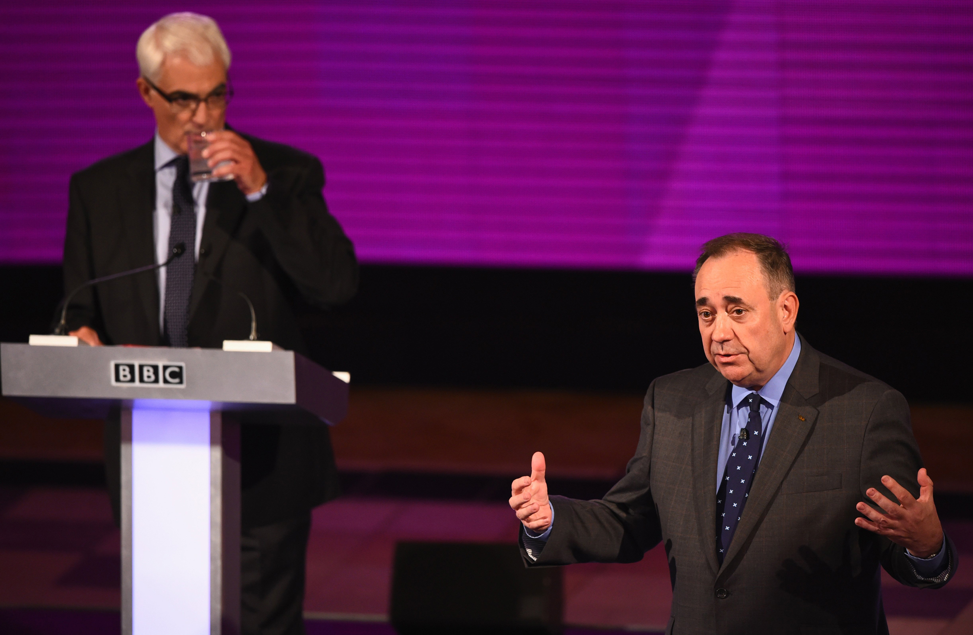 Alex Salmond, First Minister of Scotland and Alistair Darling, chairman of Better Together, take part in a live television debate by the BBC in the Kelvingrove Art Galleries on Aug. 25, 2014 in Glasgow, Scotland. (Jeff J Mitchell—Getty Images)