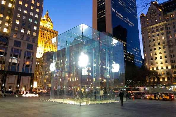 A general view of the glass cube facade of the Fifth Avenue Apple store in front of the Plaza Hotel on February 9, 2012 in New York City. (Ben Hider—Getty Images)