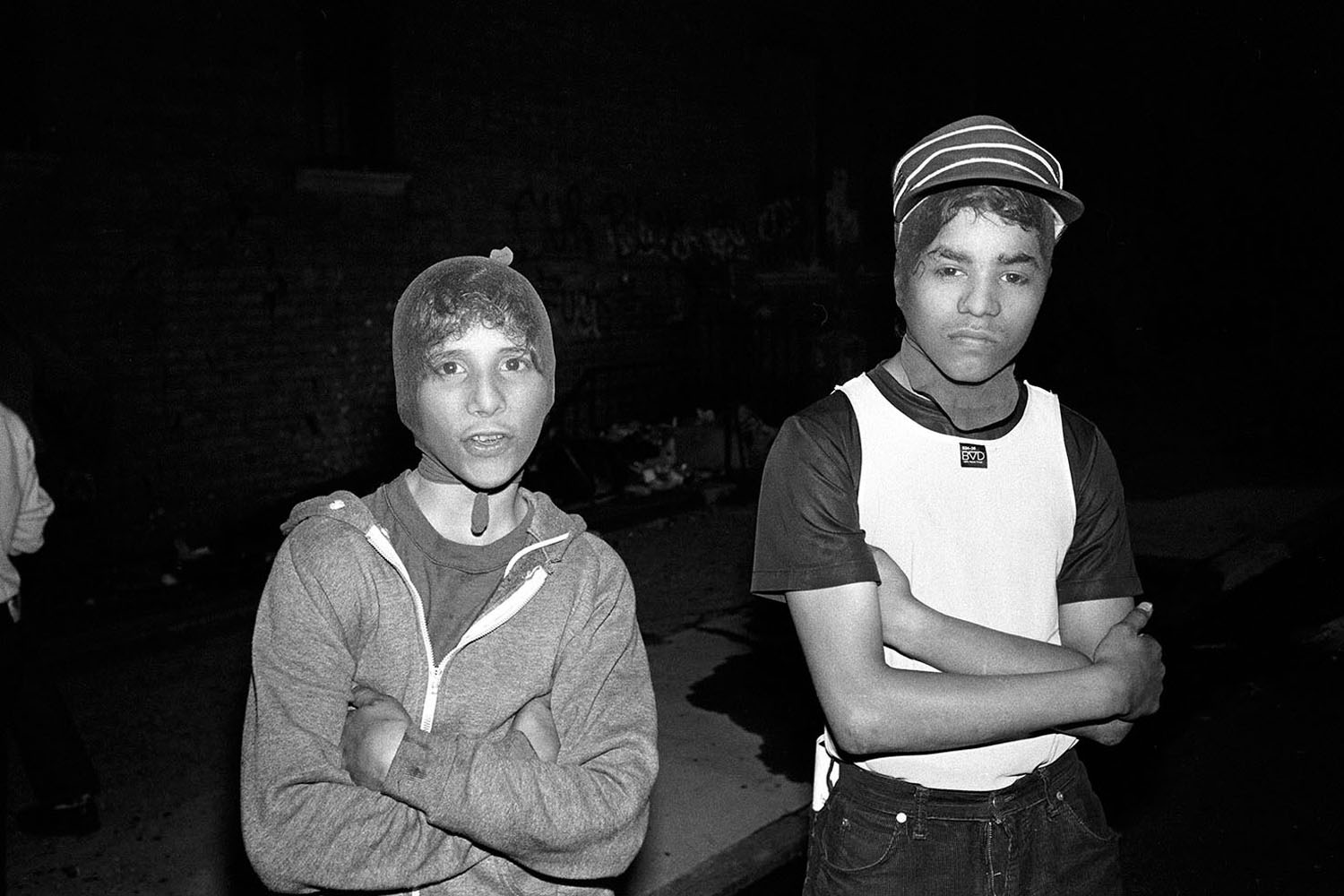 From Stephen Shames' Bronx Boys,  published by the University of Texas PressTwo teens wear stocking masks they use to hide their identity when they rob people. Bathgate Avenue, 1982