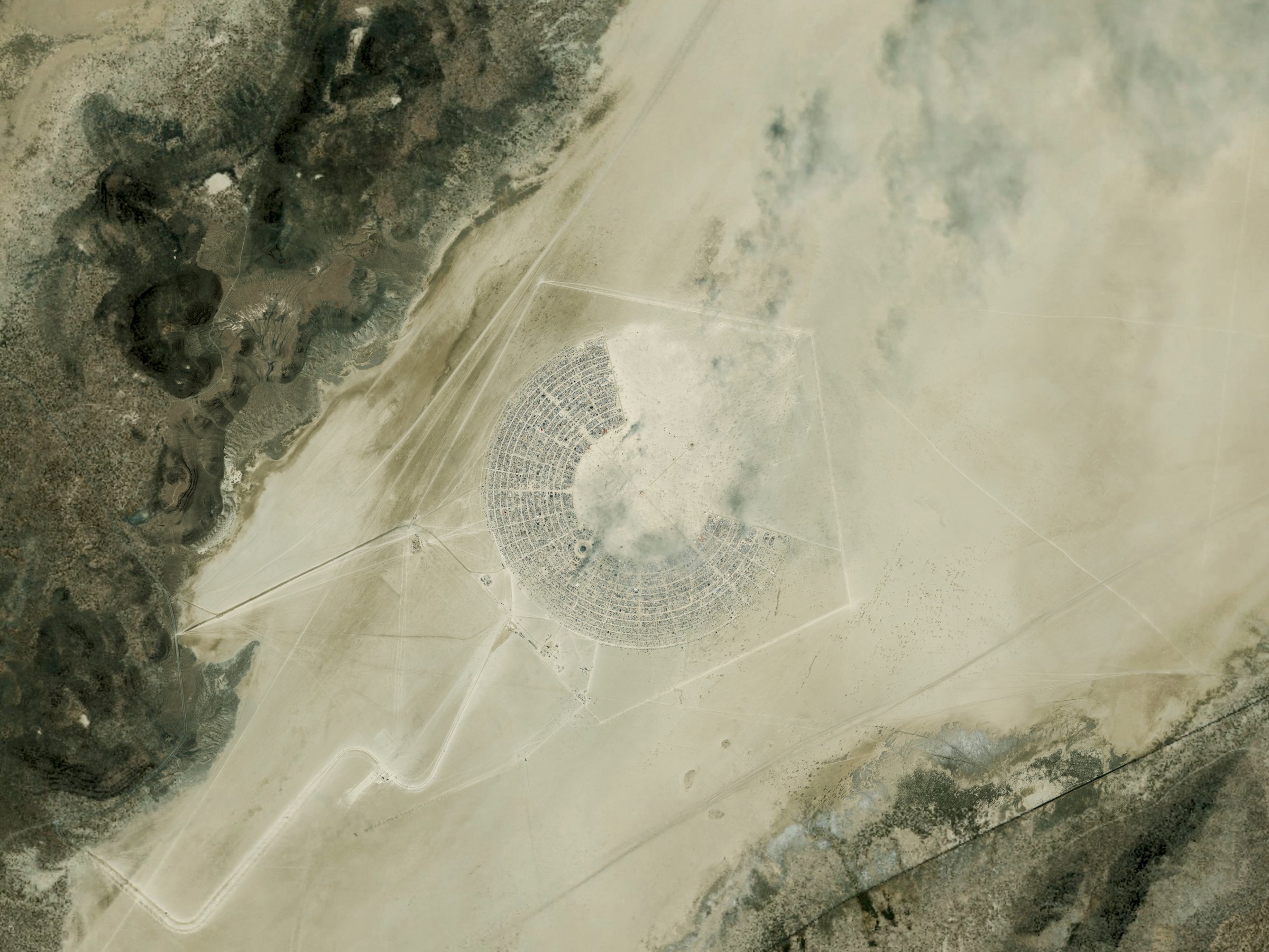 This is a DigitalGlobe satellite image "overview" of the Burning Man Festival in Black Rock City Nevada.
