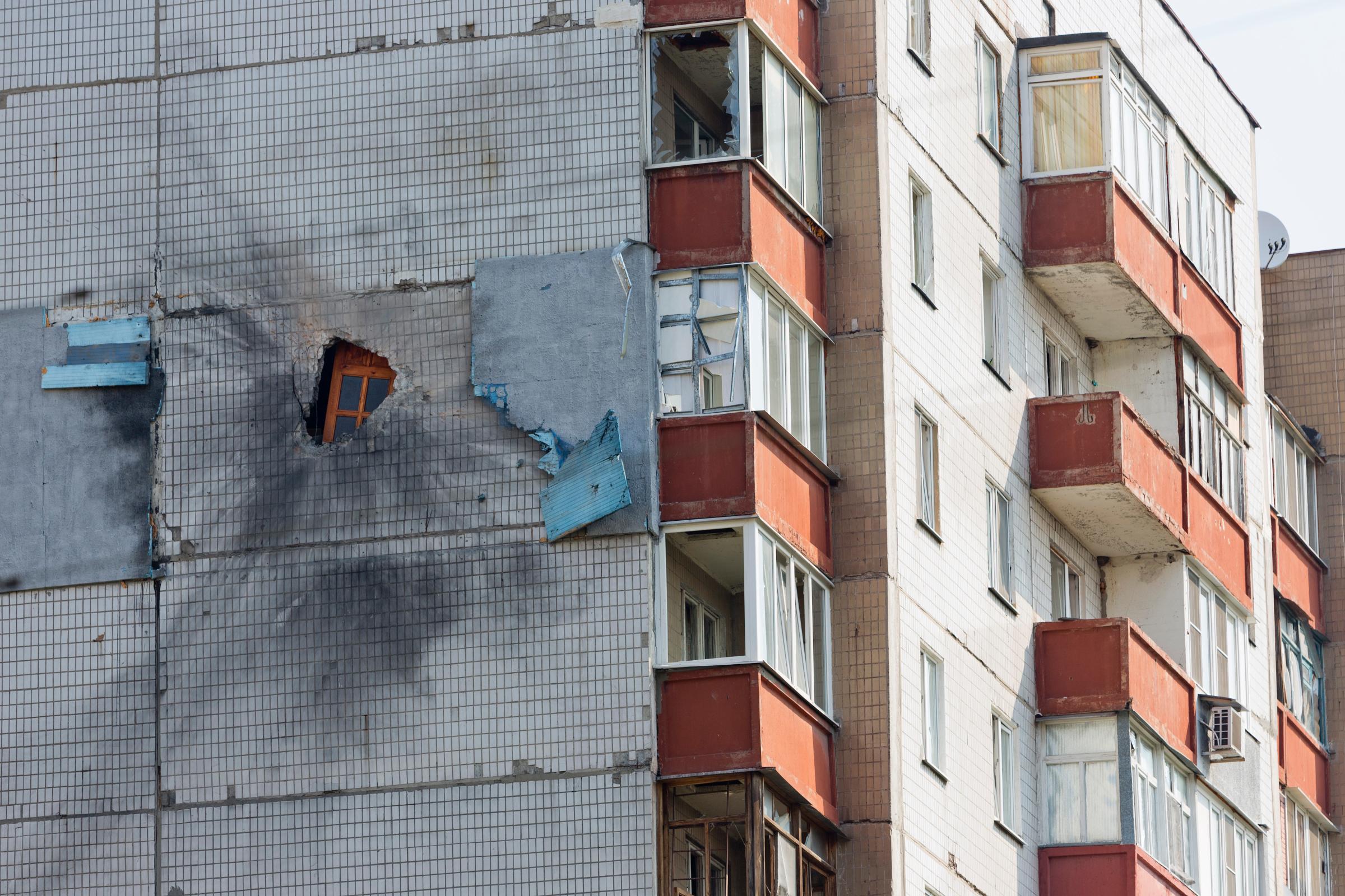 Shells damage a residential building on August 11, 2014 in Donetsk, Ukraine.