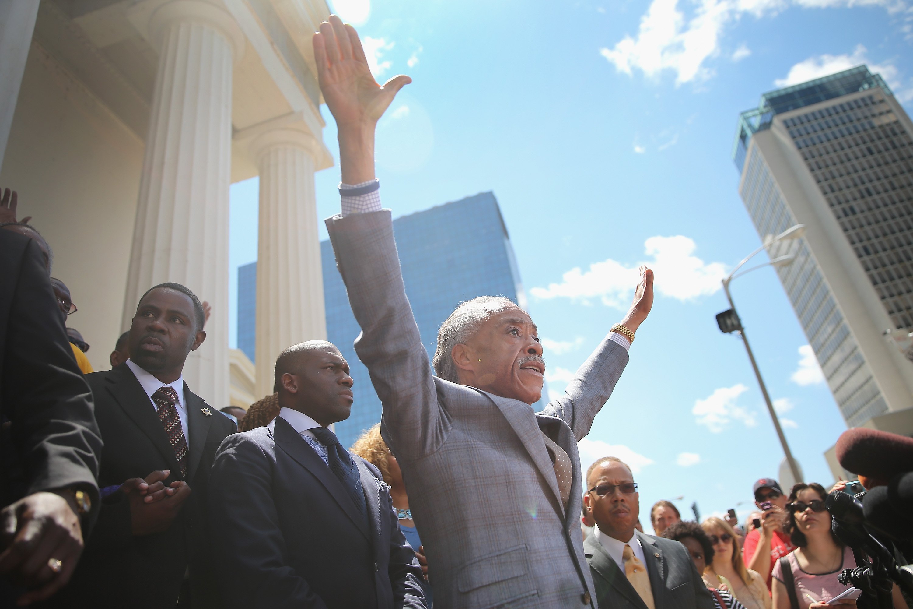 Civil rights leader Rev. Al Sharpton speaks about the killing of teenager Michael Brown at a press conference held on the steps of the old courthouse in St. Louis on Aug. 12, 2014.