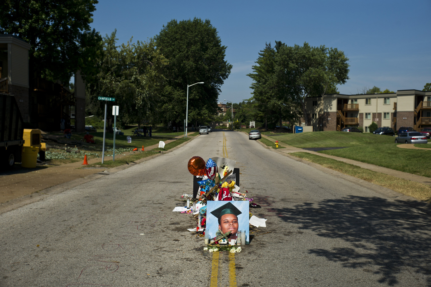 A makeshift memorial for Michael Brown, who was fatally shot by a police officer on Aug. 9, on the spot where he was killed in Ferguson, Mo.