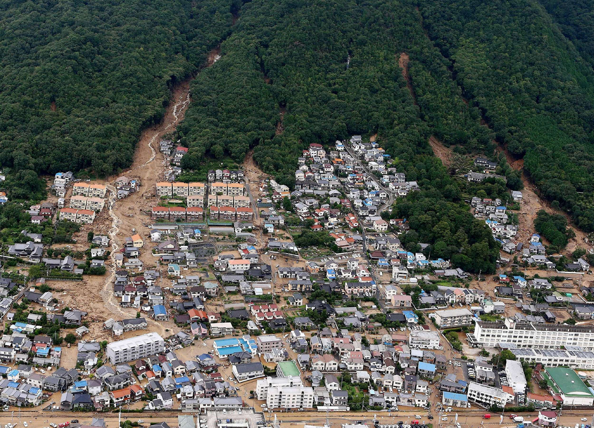 Damage caused by a landslide after heavy rains hit the city of Hiroshima, western Japan, on Aug. 20, 2014.