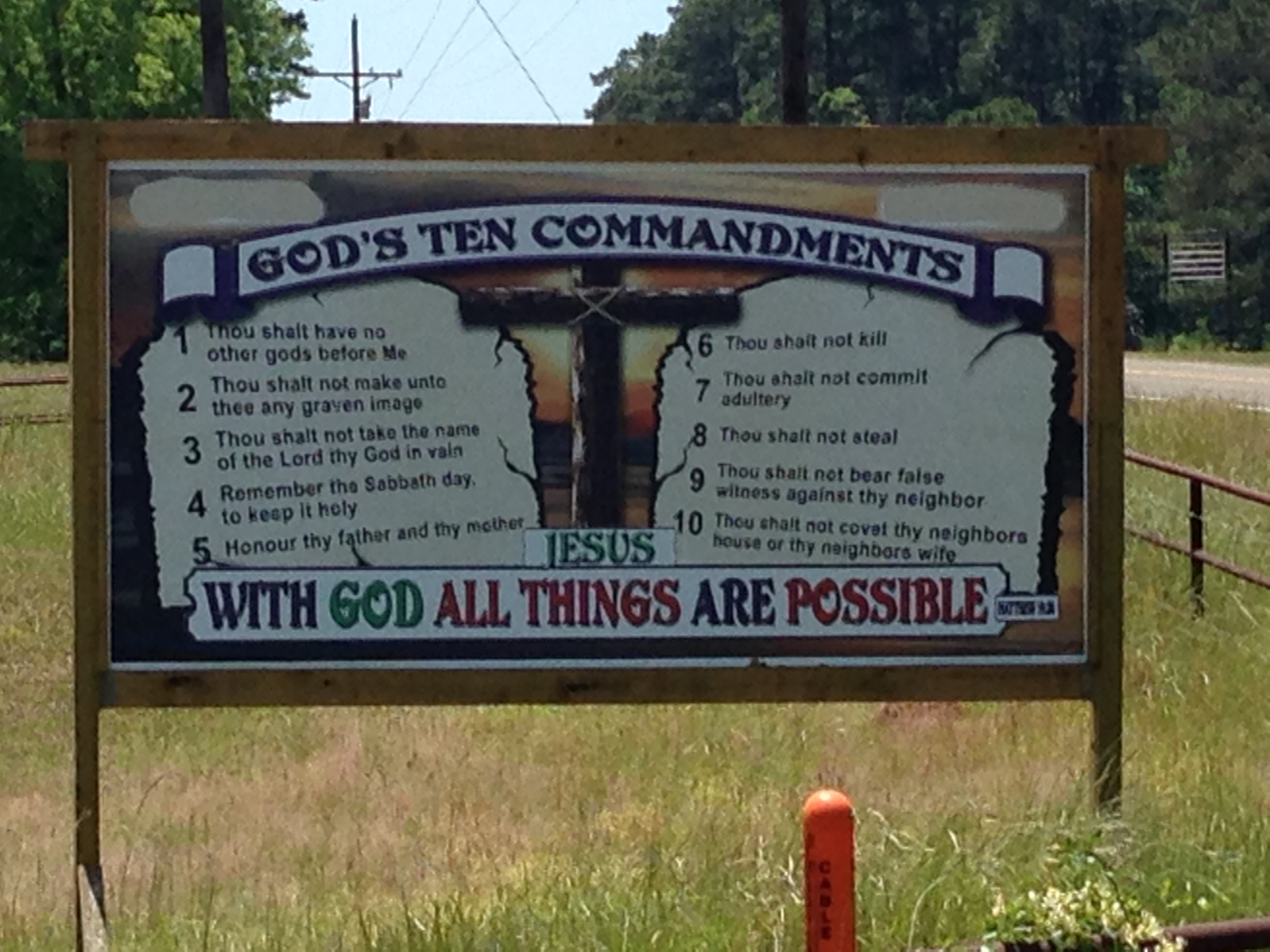 The 10 Commandments sign near Hemphill, Texas, has been deemed illegal by the Texas Department of Transportation. (Michael Berry—Liberty Institute)