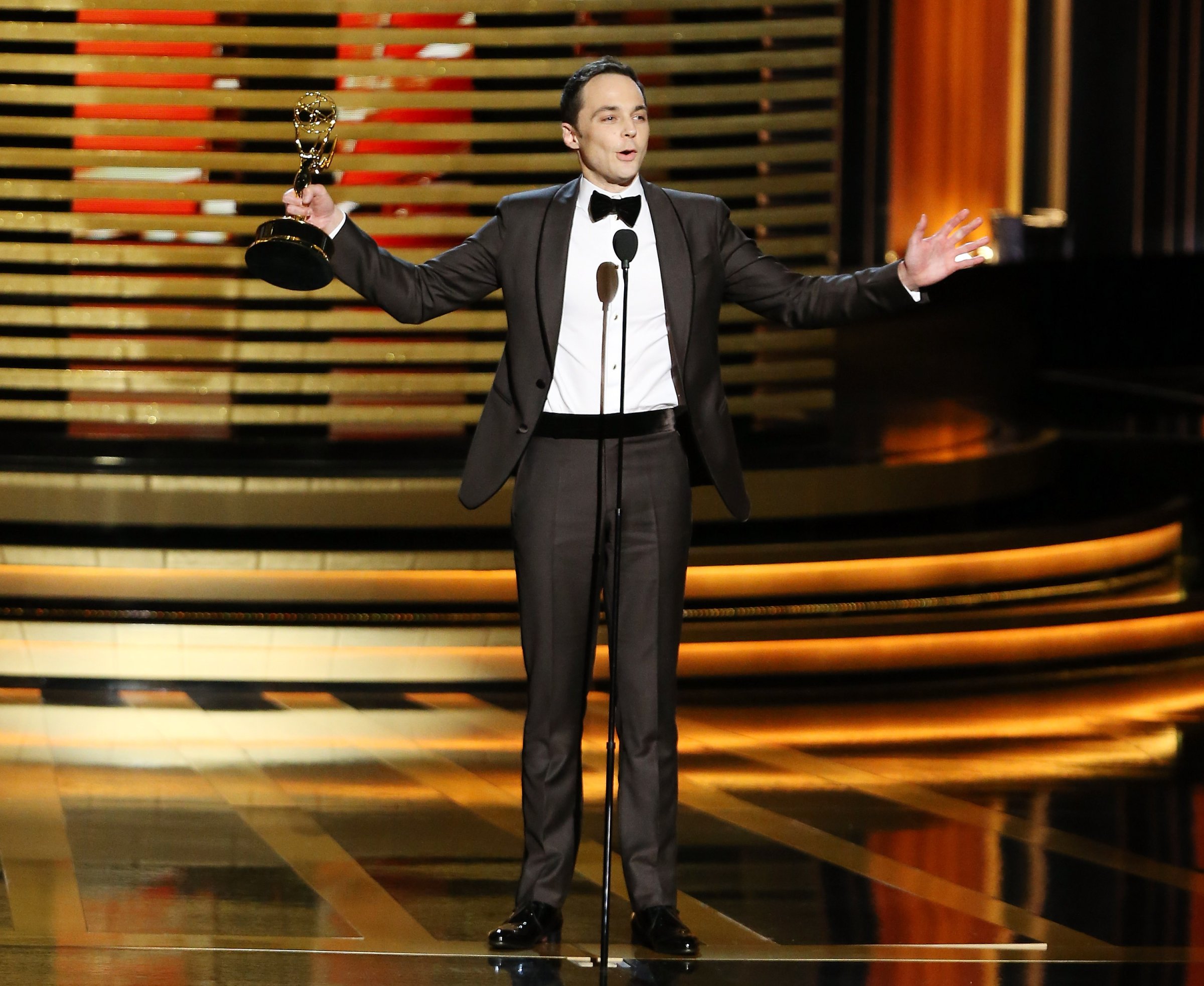 Jim Parsons accepts his trophy for Outstanding Lead Actor in a Comedy Series at the 66th Annual Primetime Emmy Awards