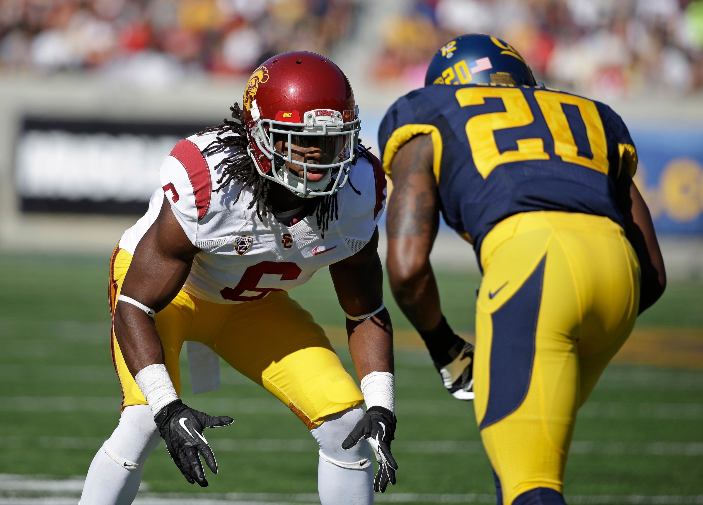 Southern California cornerback Josh Shaw lines up against California defensive back Isaac Lapite during the first quarter of a NCAA college football game in Berkeley, Calif.
