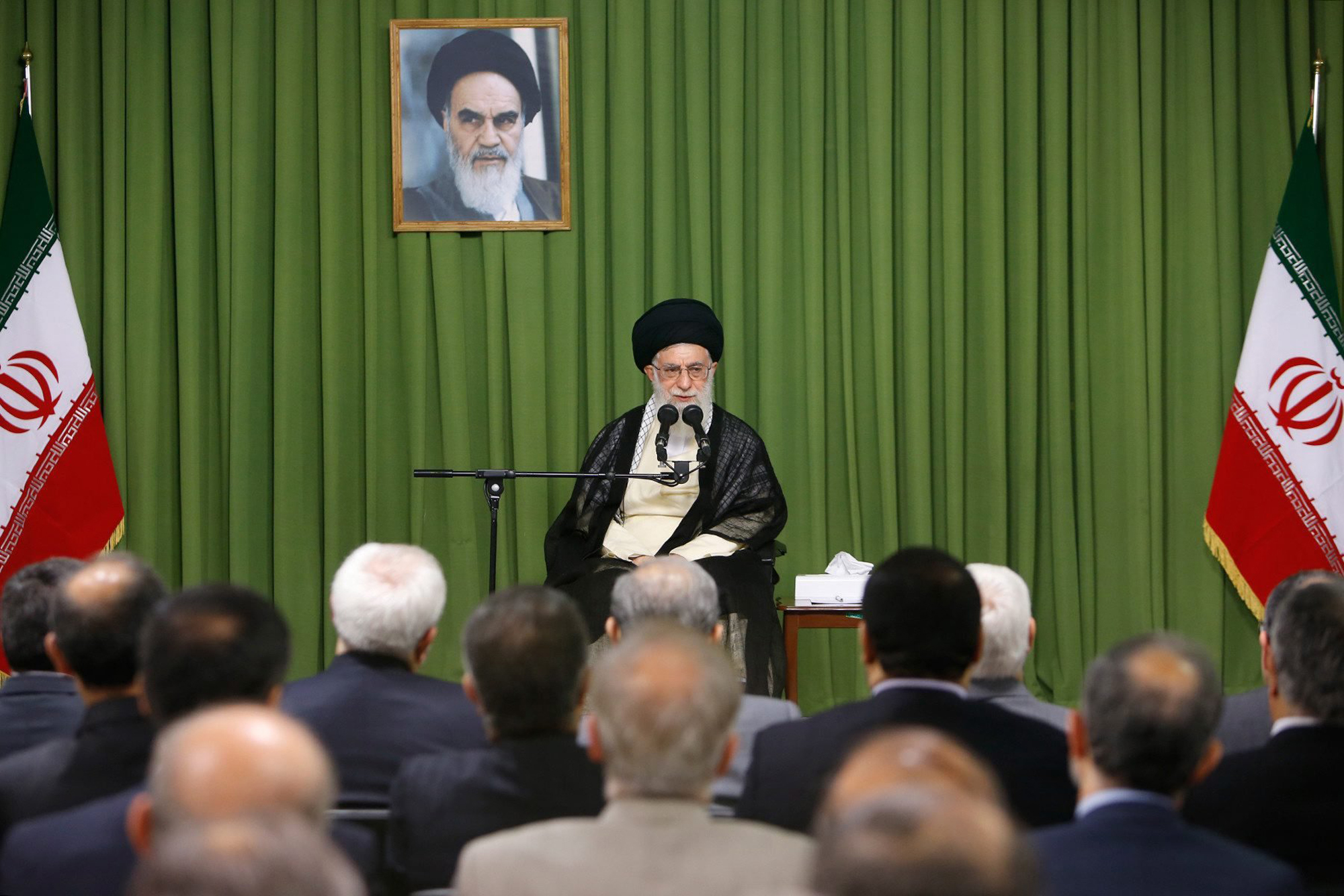 Iran's Supreme leader Ayatollah Ali Khamenei speaking to Iranian ambassadors abroad during a ceremony in Tehran, Aug. 13, 2014.