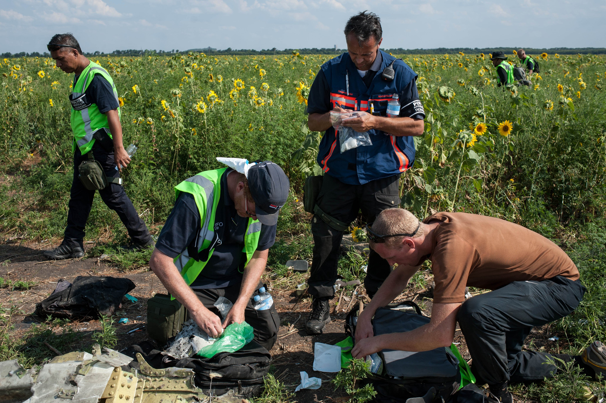 Australian, Malaysian and Dutch investigators examine pieces from the downed Malaysia Airlines Flight 17 plane, near the village of Rossipne, Donetsk region, eastern Ukraine on August 5, 2014.