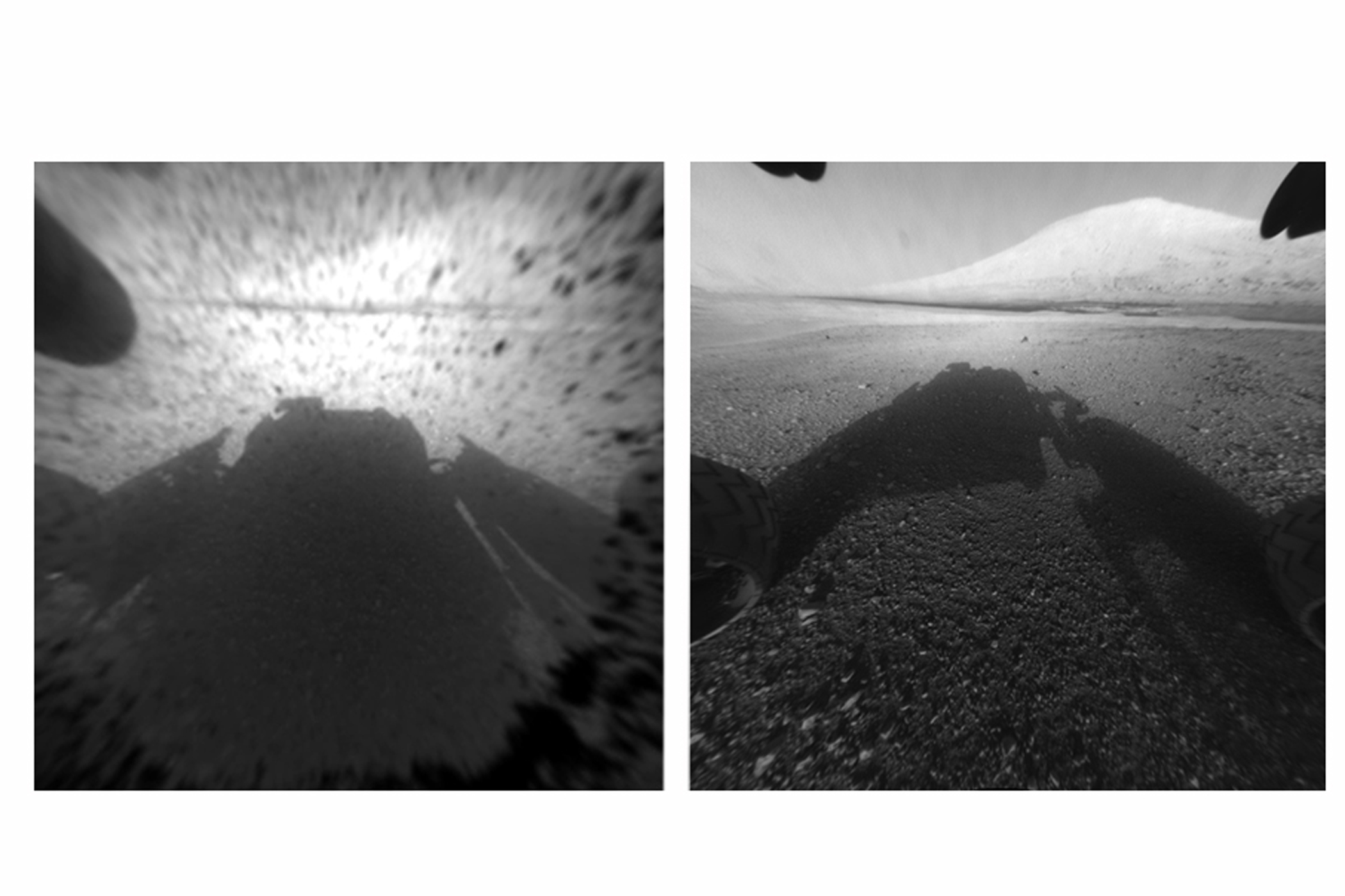 When the rover landed, it sent images from one of the hazard-avoidance cameras. The image at left was taken before the camera's dust cover was removed, the image on the right was taken after. These engineering cameras are located at the rover's base, and are lower-resolution than the color images produced by the rover's mast.