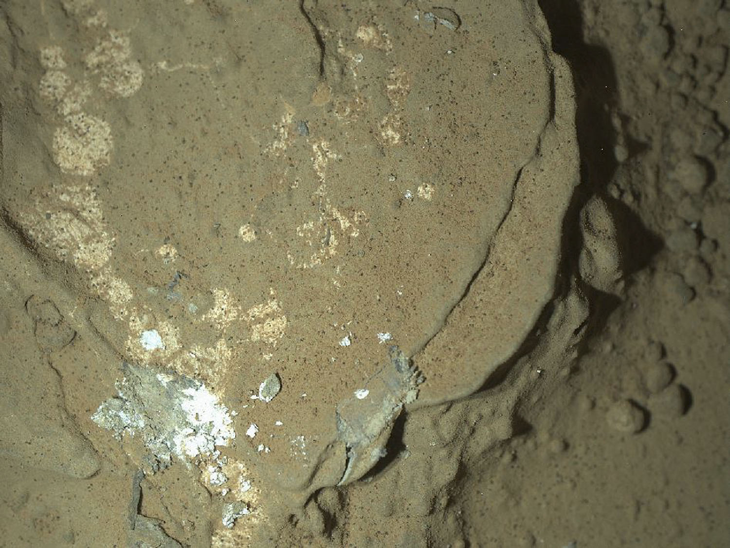 A Martian rock illuminated by white-light LEDs is part of the first set of nighttime images taken by the Mars Hand Lens Imager camera.