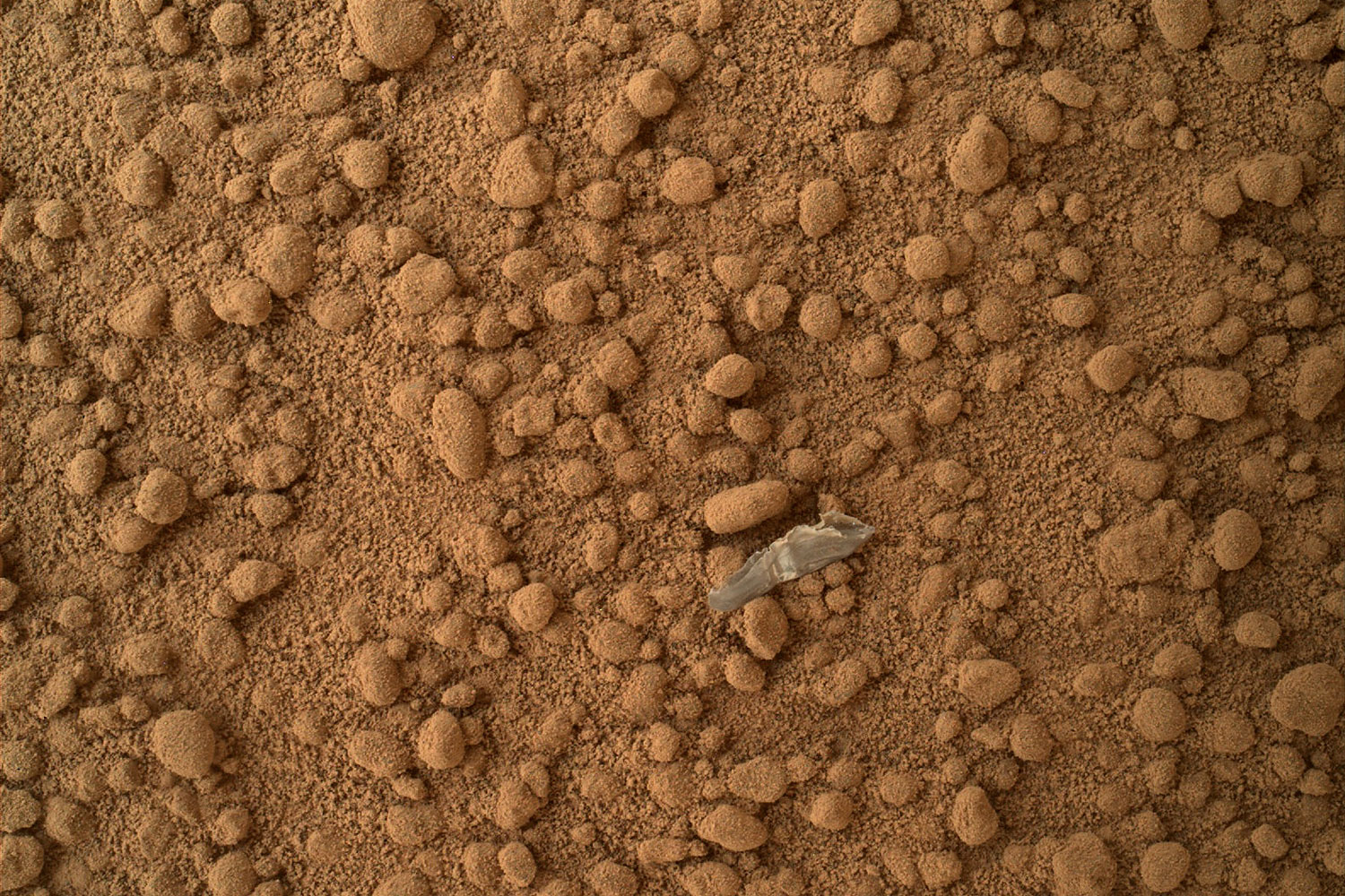 A small bright object on the ground beside the rover at the "Rocknest" site. The rover team has assessed this object as debris from the spacecraft, possibly from the events of landing on Mars.