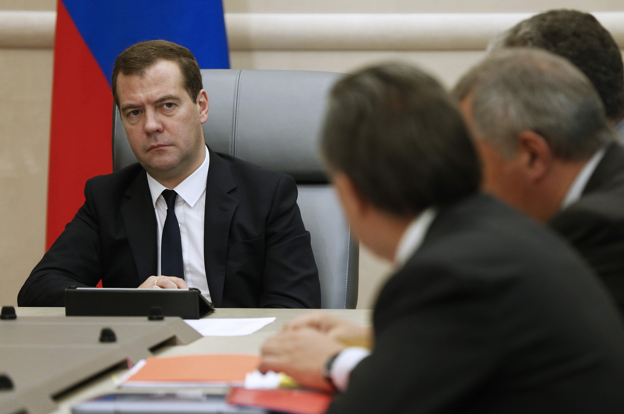 Russia's prime minister Dmitry Medvedev holds a meeting with deputy PMs at the House of the Russian Government, Aug 11, 20014. 