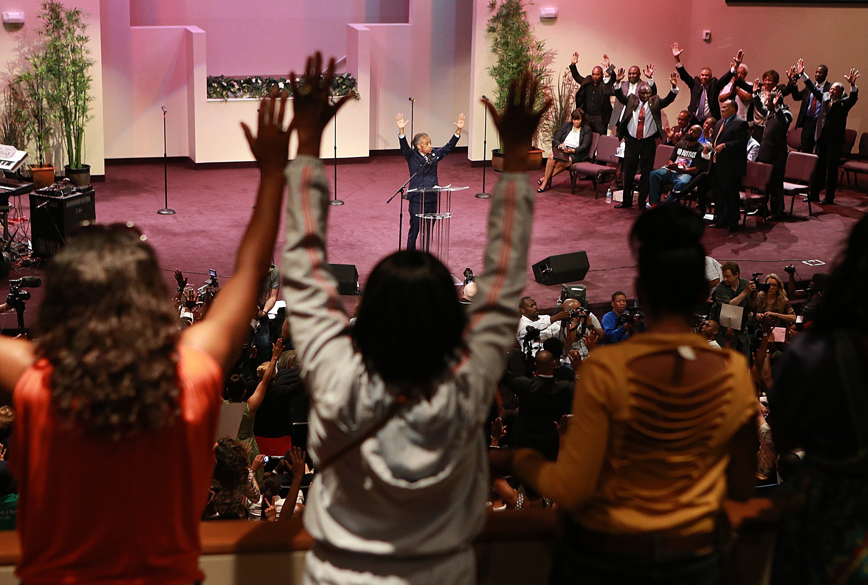 Rev. Al Sharpton speaks during a rally for justice for Michael Brown at Greater Grace Church in Ferguson, Mo., on Aug. 17, 2014. (Christian Gooden—St. Louis Post-Dispatch/MCT/Sipa)
