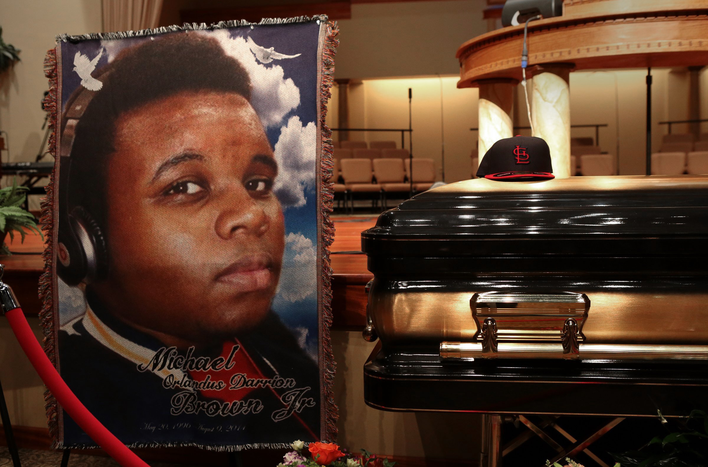 The casket of Michael Brown sits inside Friendly Temple Missionary Baptist Church awaiting the start of his funeral on August 25, 2014 in St. Louis Mo. (Robert Cohen—Getty Images)