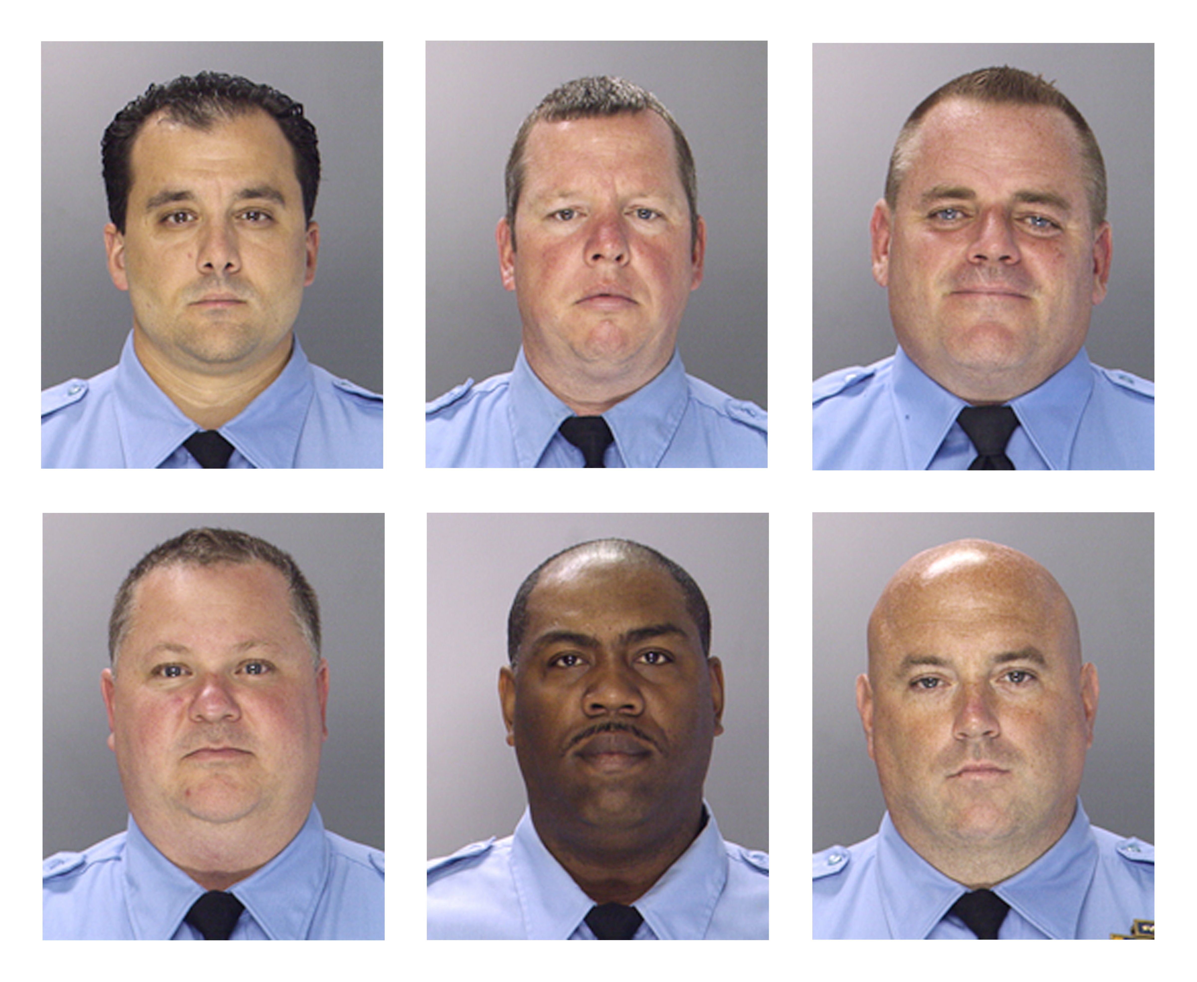 Officers Thomas Liciardello, Brian Reynolds, Michael Spicer, and from bottom left to right, Perry Betts, Linwood Norman and John Speiser were arrested on Wednesday, July 30, 2014. The six narcotics officers are charged with multiple indictments including racketeering conspiracy, extortion, robbery, kidnapping and drug dealing. (Philadelphia Police Department&mdash;Associated Press)