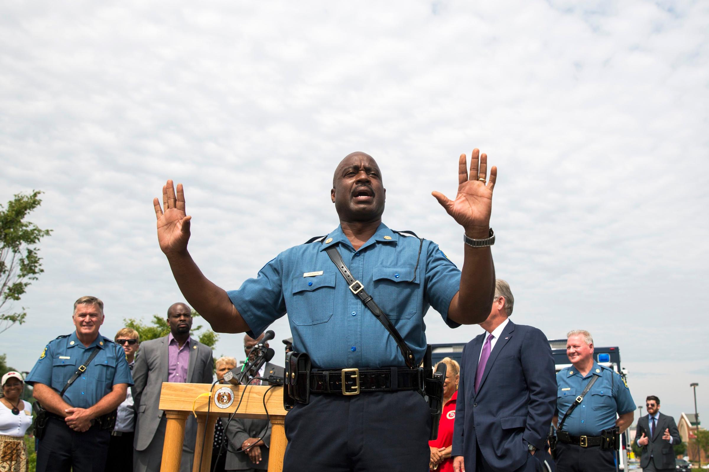 Johnson of the Missouri Highway Patrol addresses the media in Ferguson, Missouri
