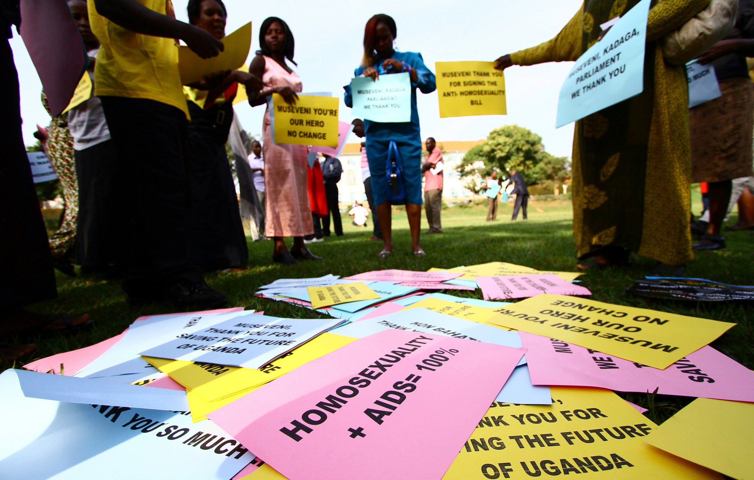 Supporters of the anti-gay law prepare for a procession backing the signing of the anti-gay bill into law, in Kampala