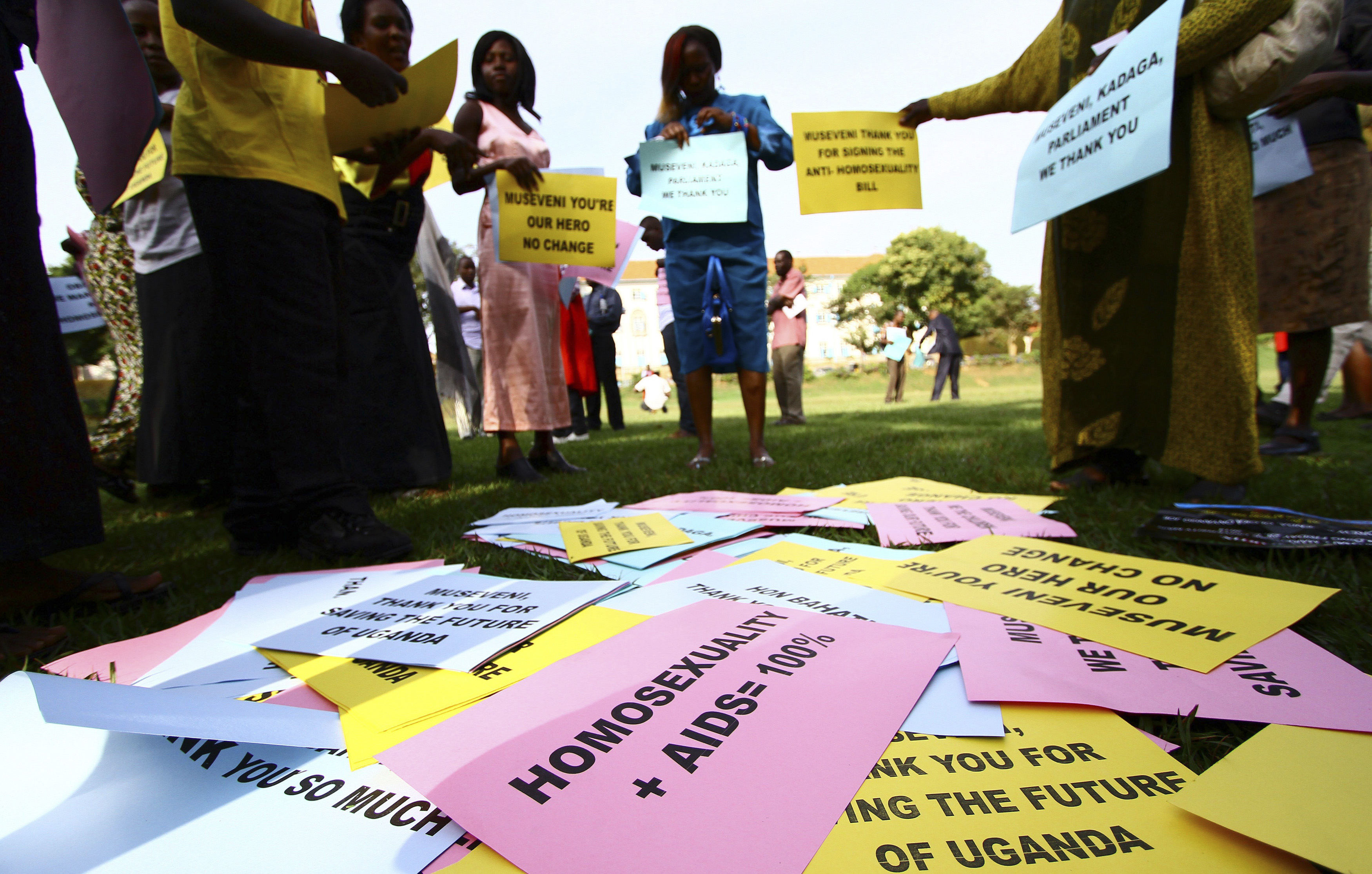 Supporters of the anti-gay law prepare for a procession backing the signing of the anti-gay bill into law, in Uganda's capital Kampala March 31, 2014. (Edward Echwalu —Reuters)