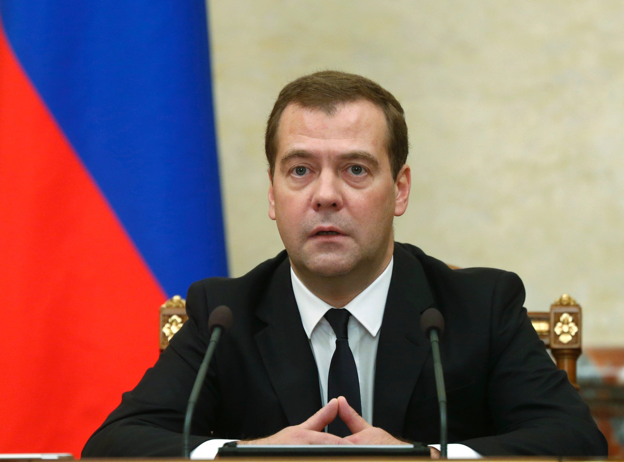Russian Premier Dmitry Medvedev announces sanctions at the Cabinet meeting in Moscow on Thursday, Aug. 7.