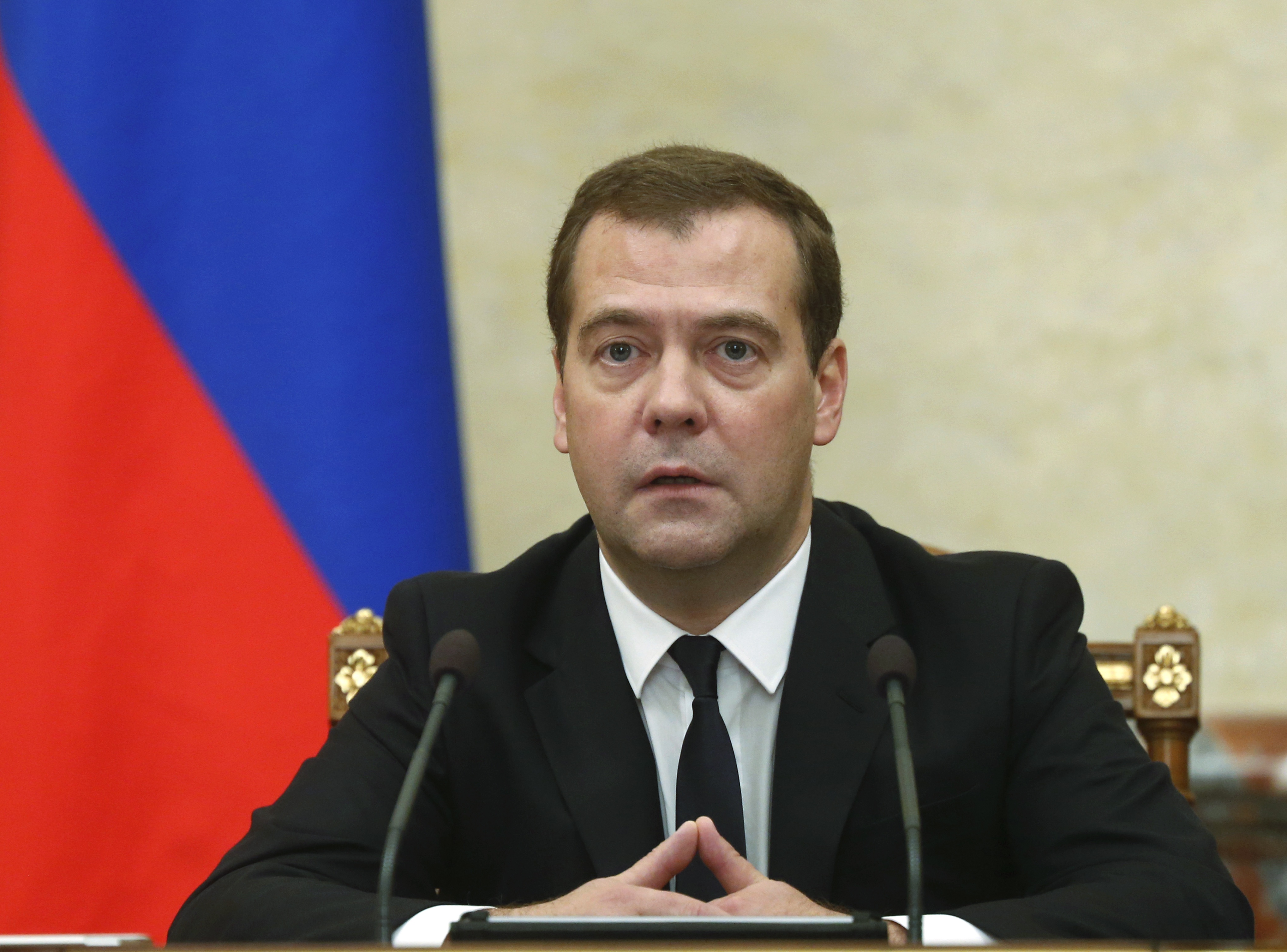Russian Premier Dmitry Medvedev announces sanctions at the Cabinet meeting in Moscow on Thursday, Aug. 7. (Dmitry Astakhov—AP)